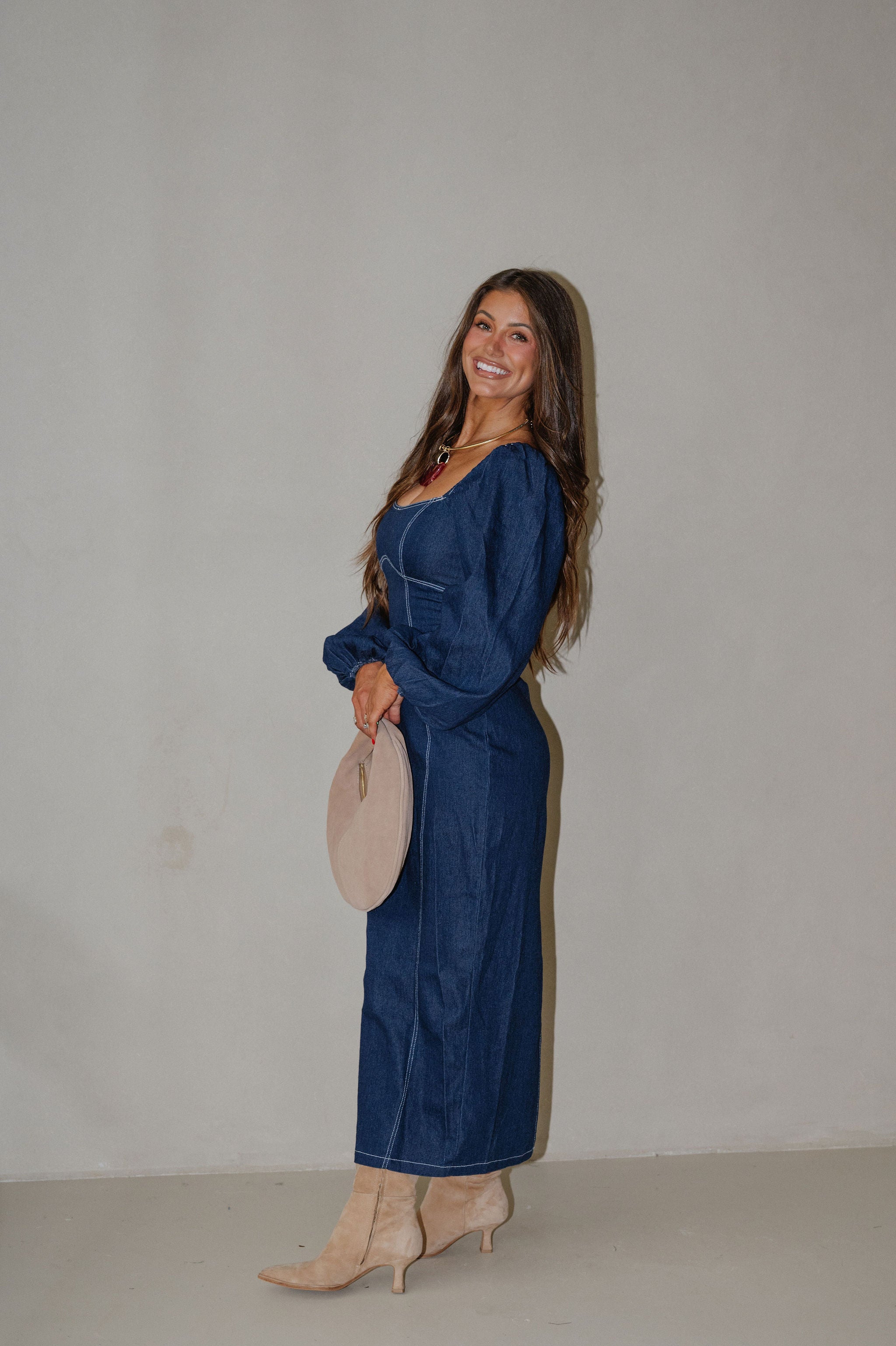 Balloon Sleeve Midi Dress-Indigo