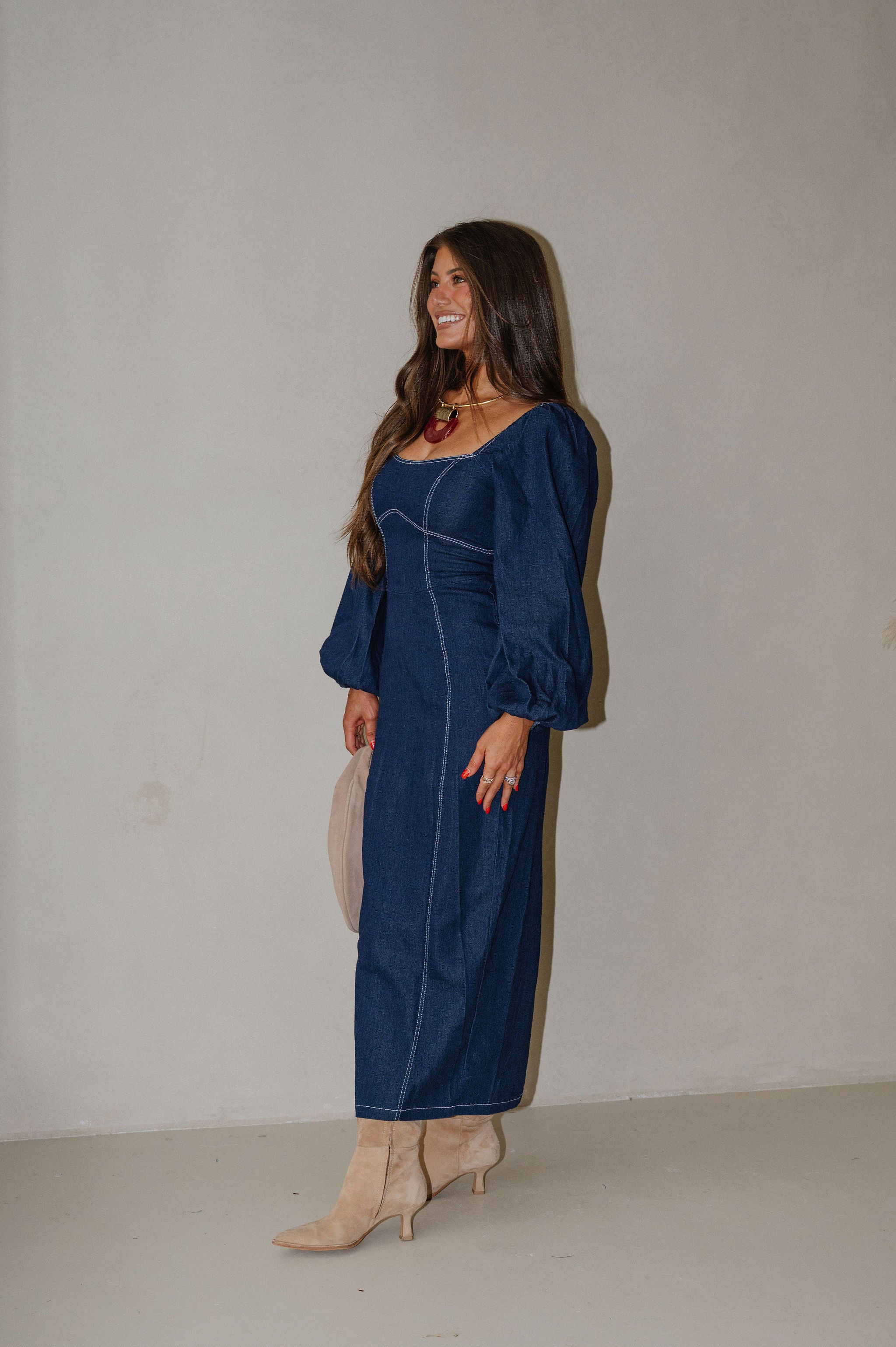Balloon Sleeve Midi Dress-Indigo