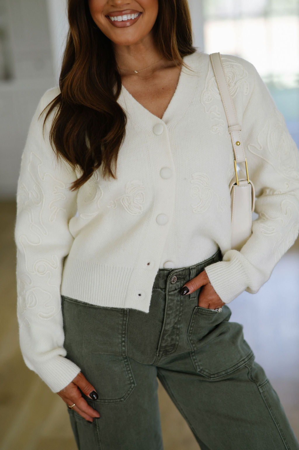 DOORBUSTER// Benny Embroidered Cardigan- Cream