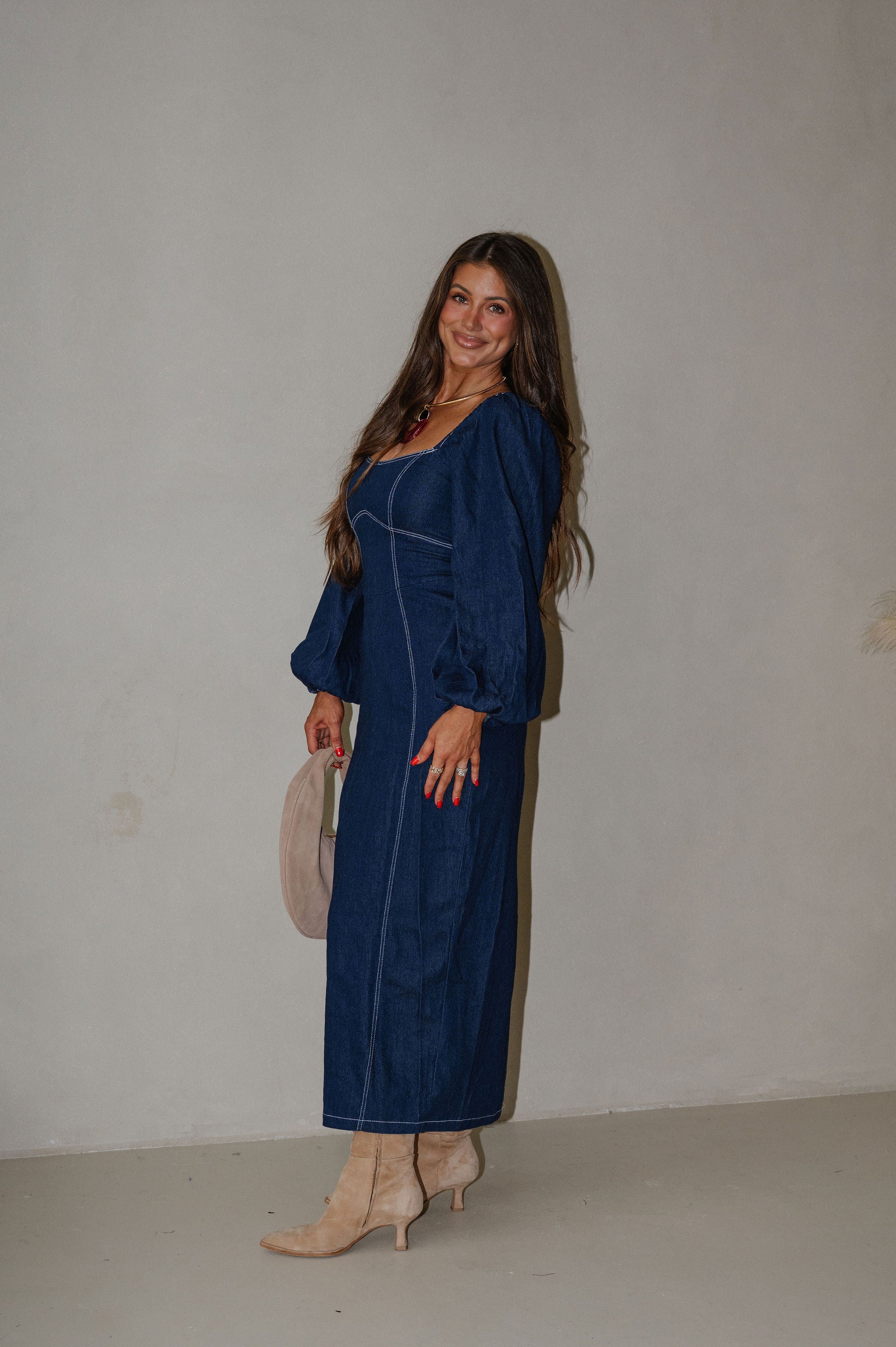 Balloon Sleeve Midi Dress-Indigo