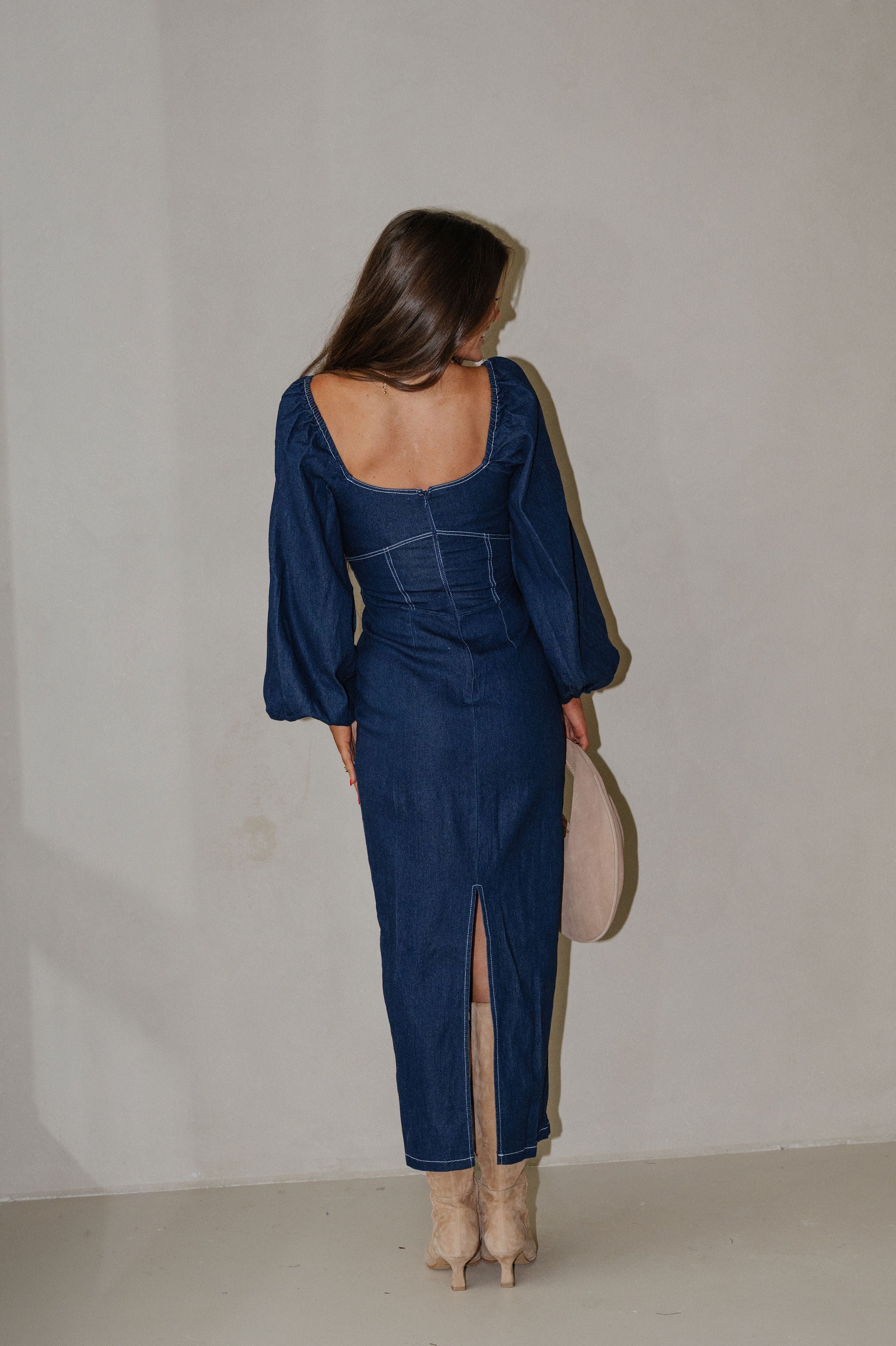 Balloon Sleeve Midi Dress-Indigo