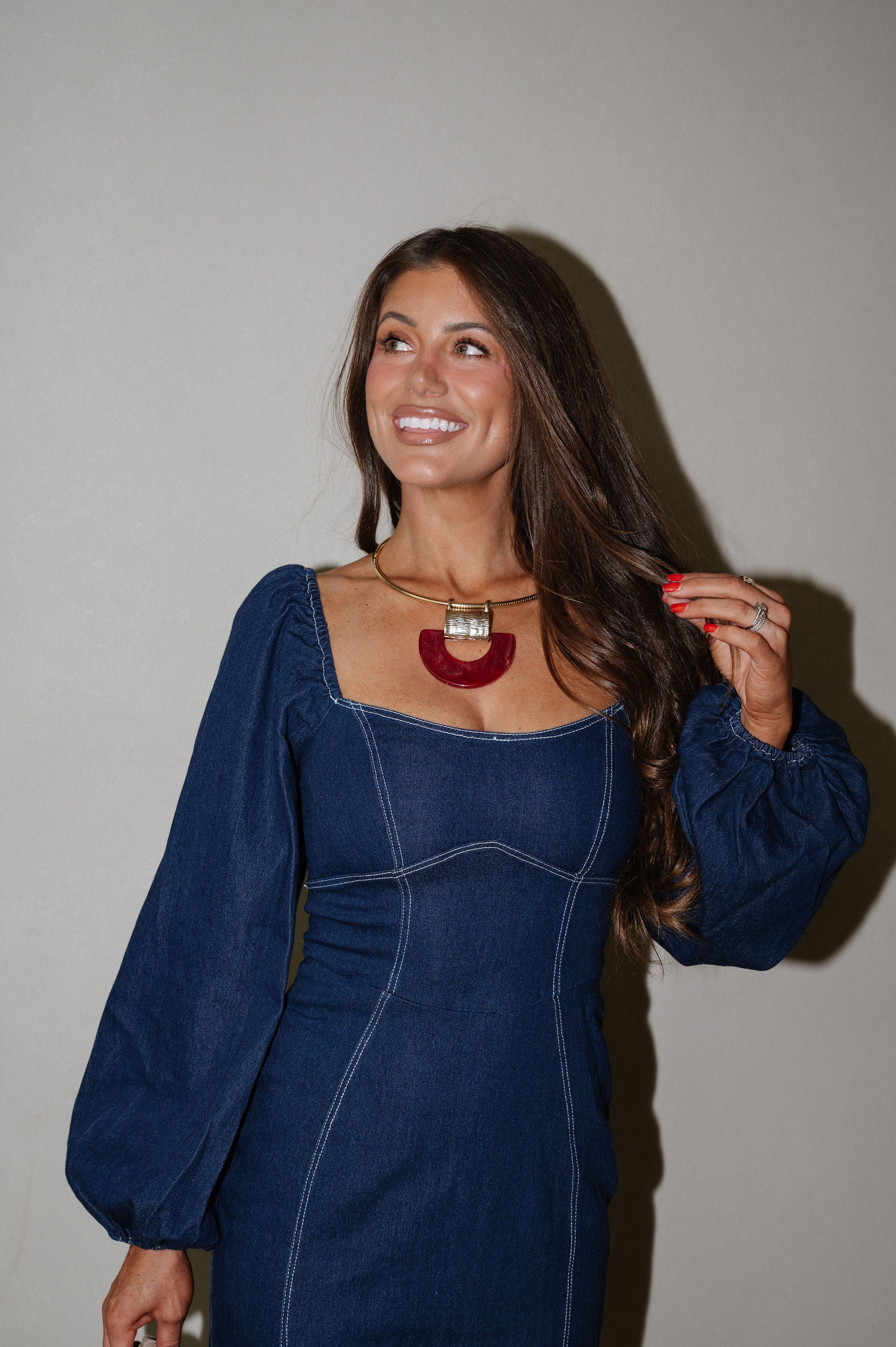 Balloon Sleeve Midi Dress-Indigo