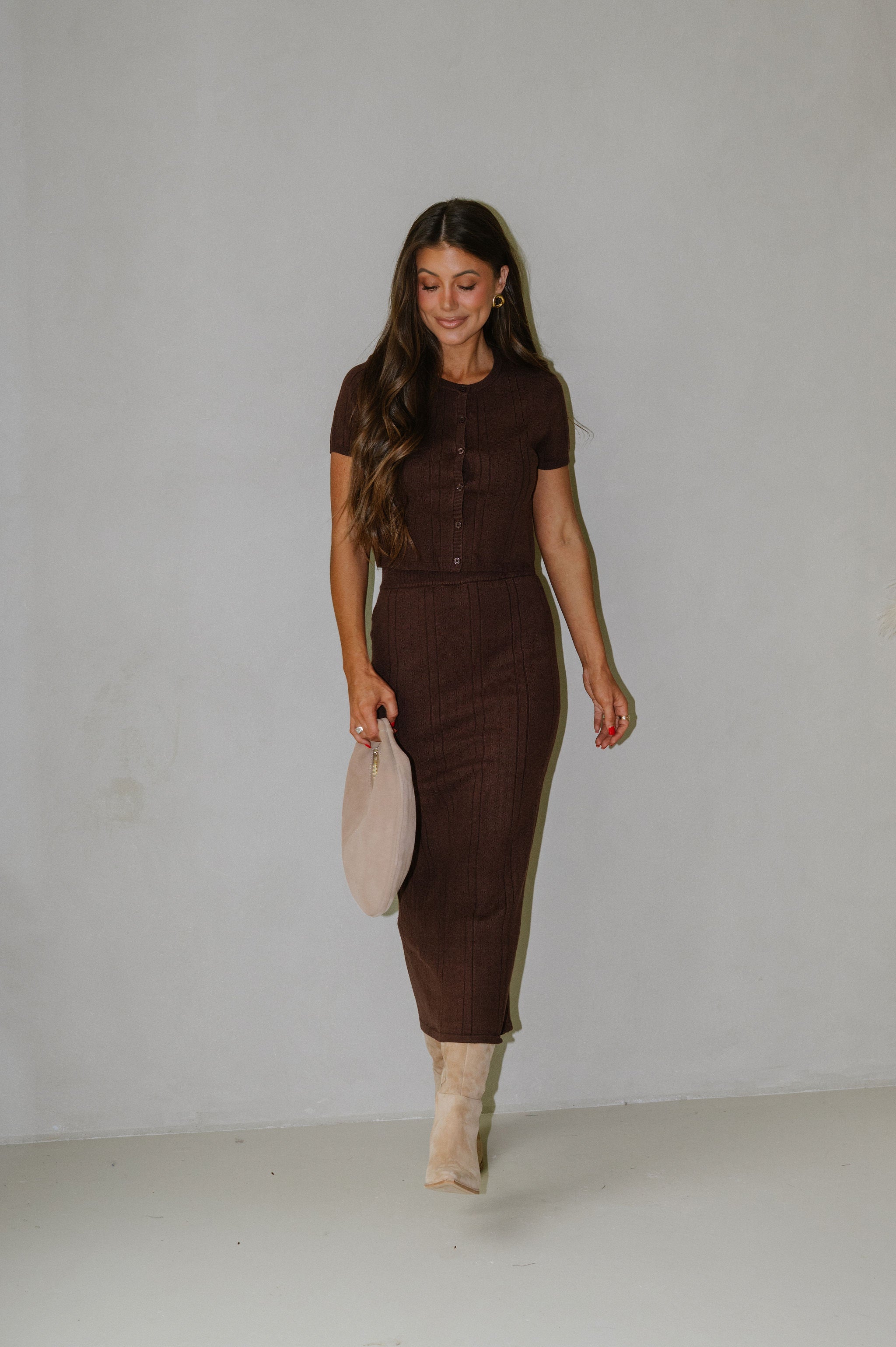 Ryan Pointelle Skirt Set-Brown
