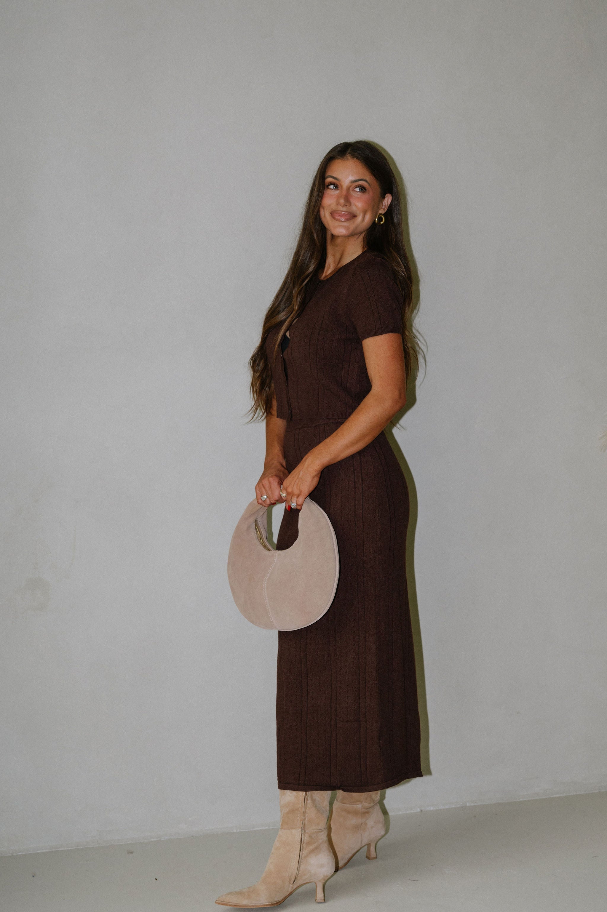 Ryan Pointelle Skirt Set-Brown