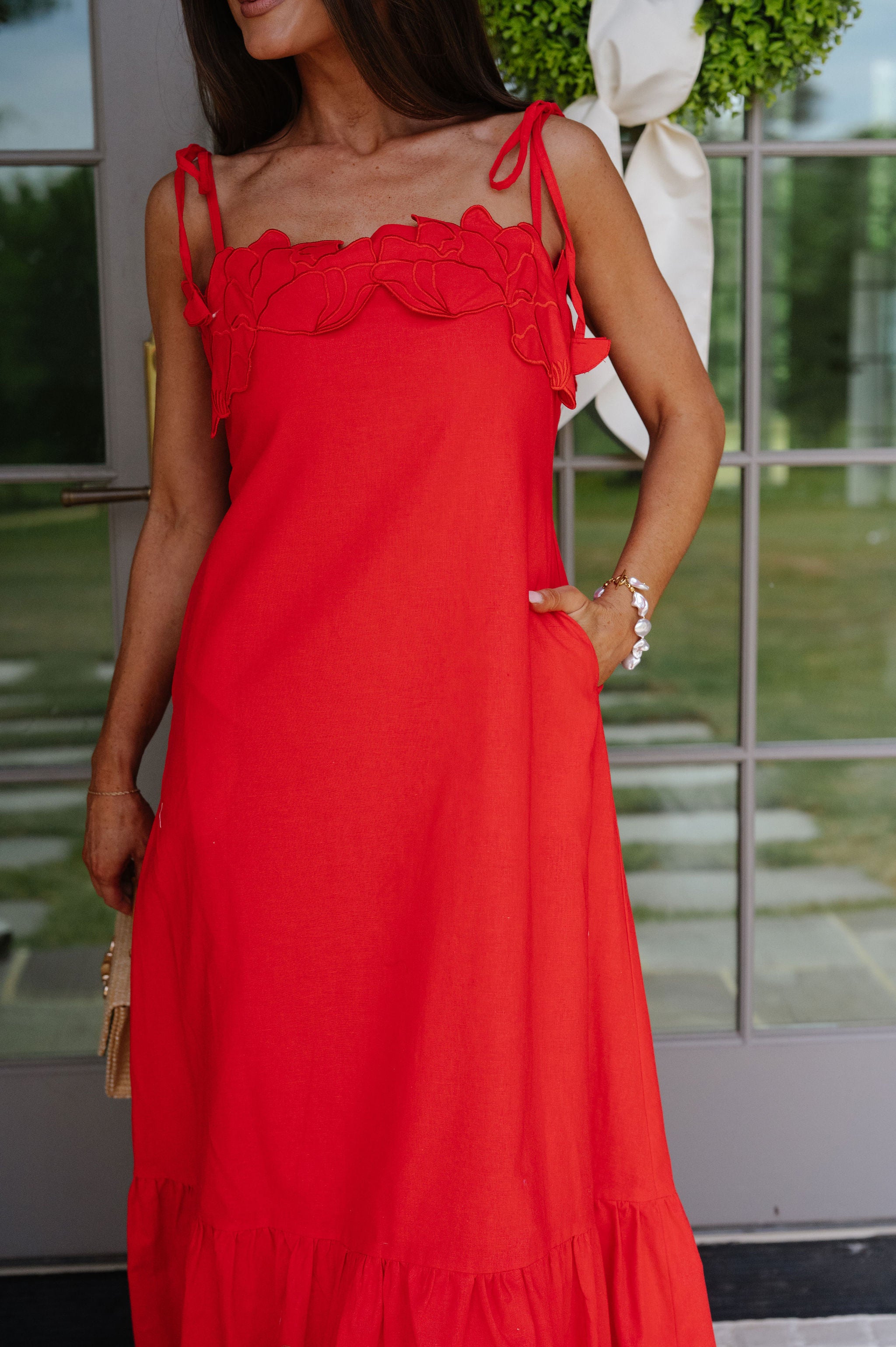 Hanna Embellished Midi Dress-Red