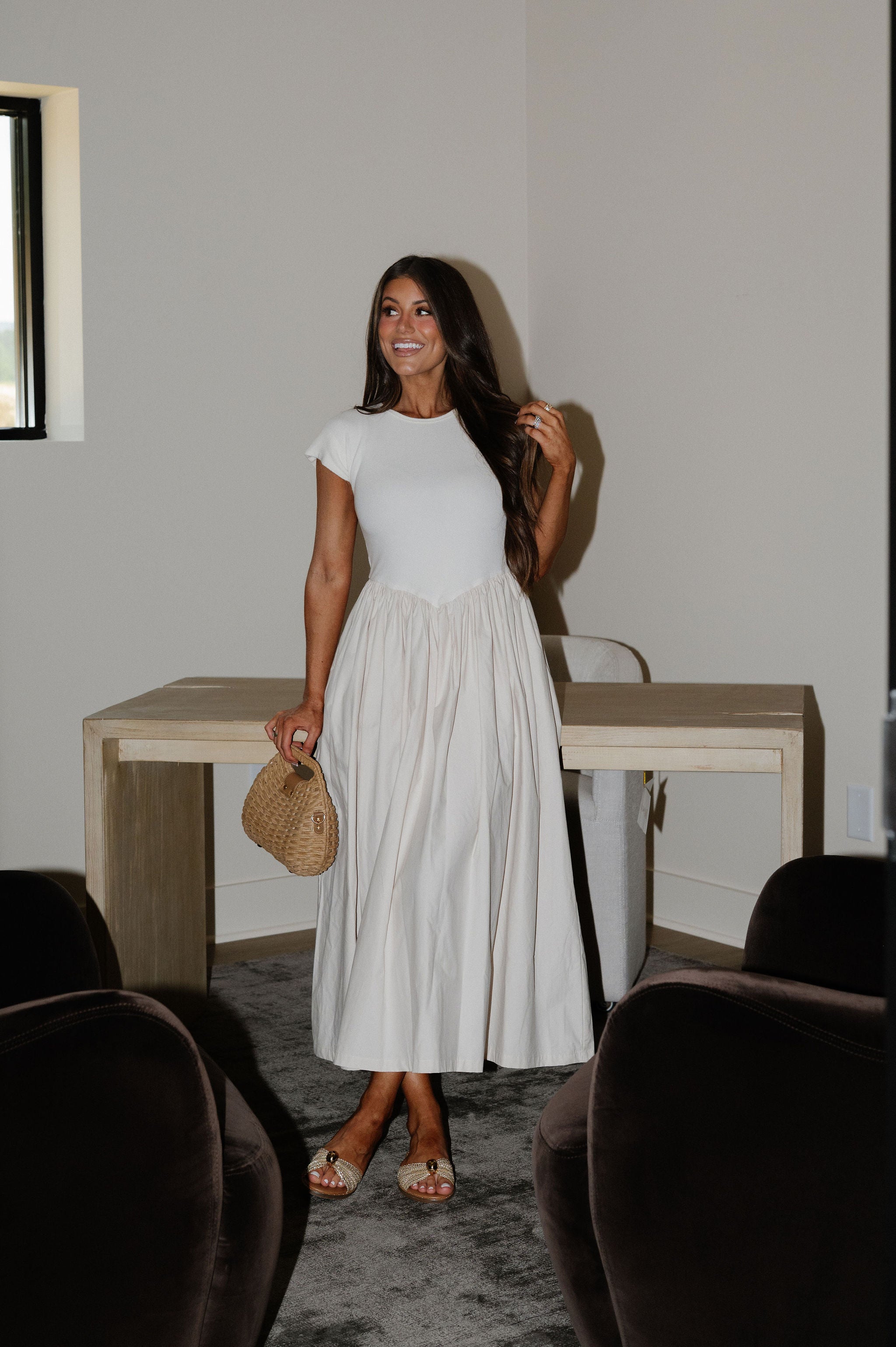 Jamie Contrasted Dress-Cream