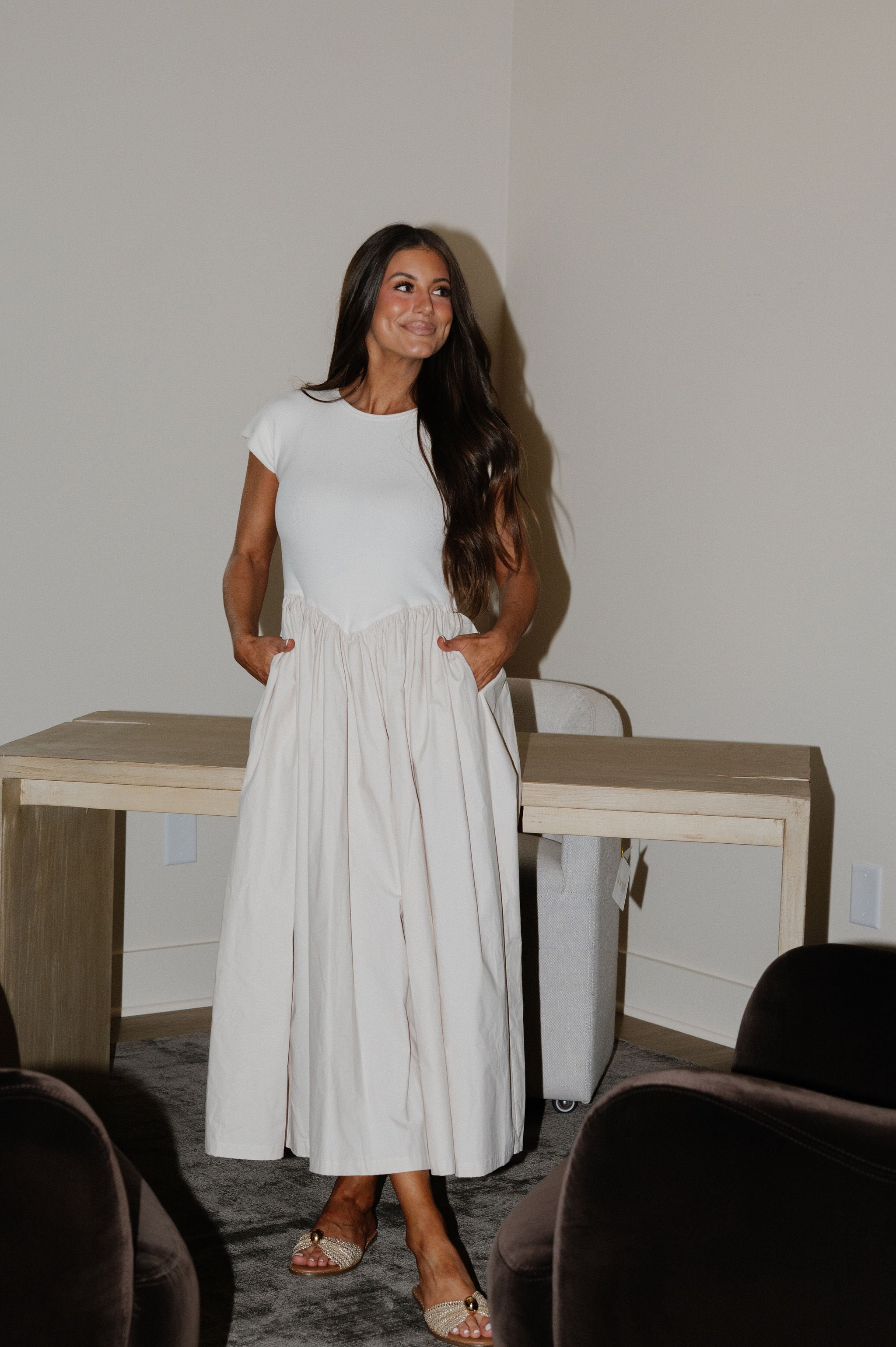 Jamie Contrasted Dress-Cream