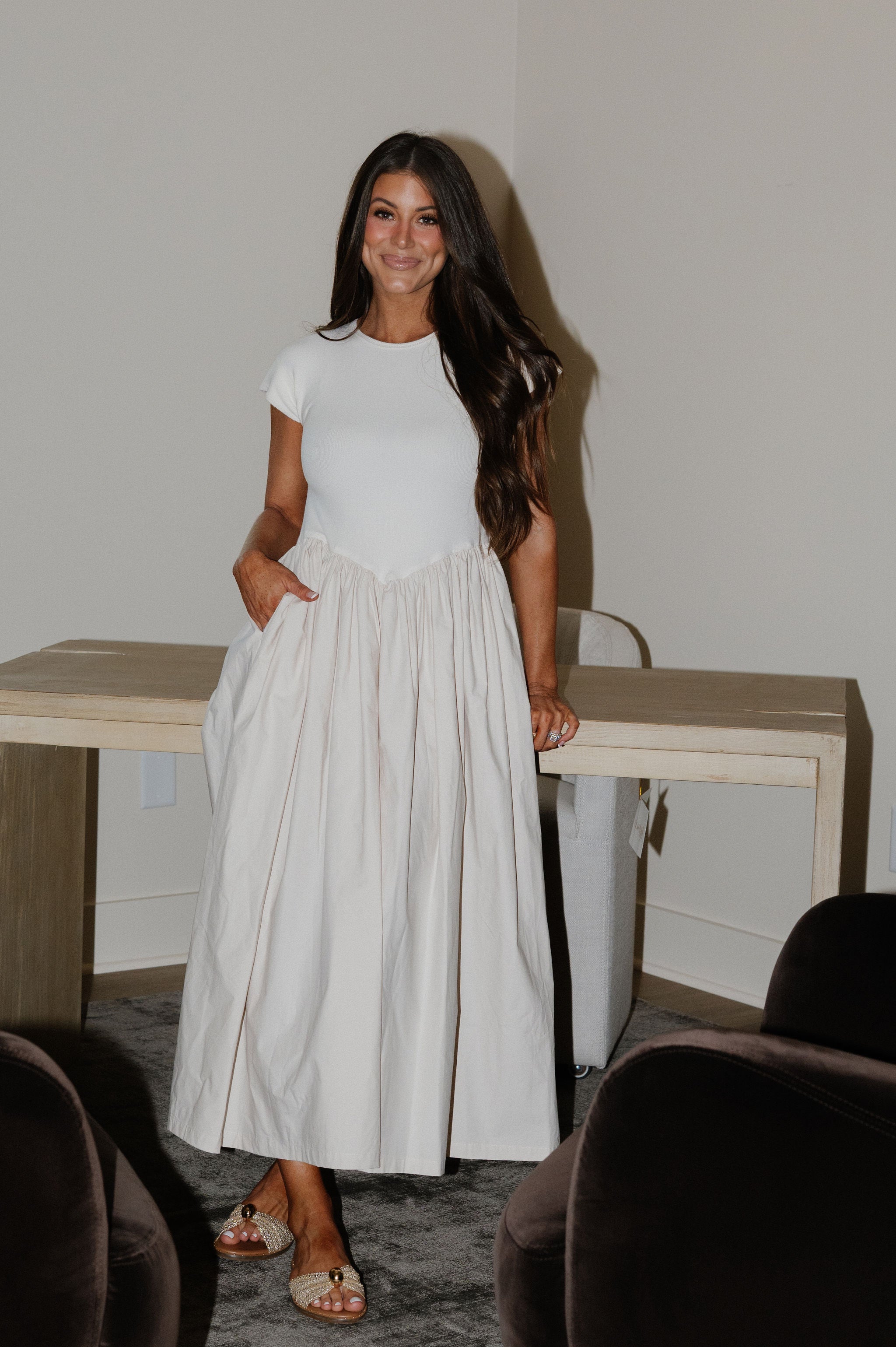 Jamie Contrasted Dress-Cream