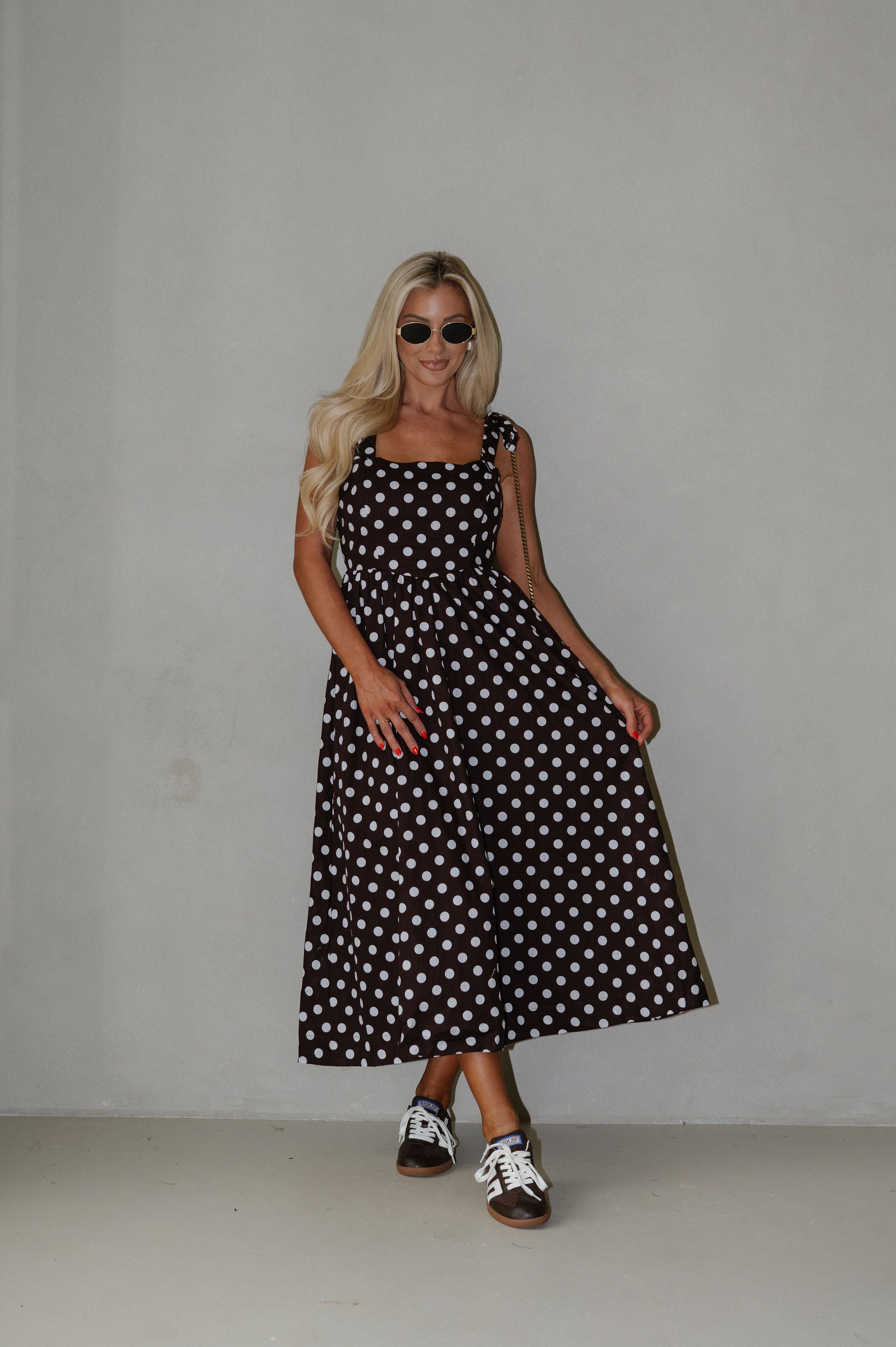Serena Polka Dot Midi Dress-Brown