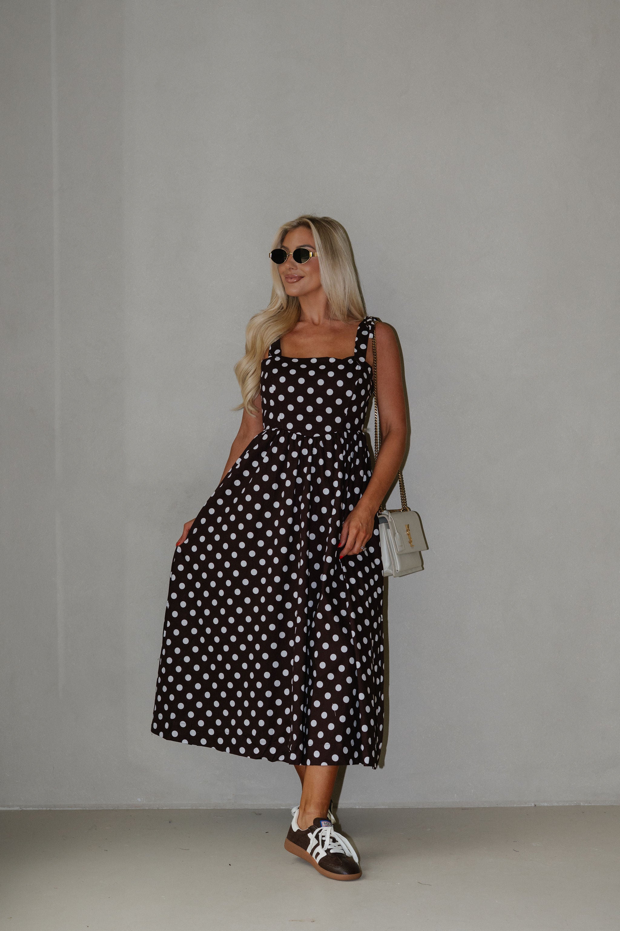 Serena Polka Dot Midi Dress-Brown