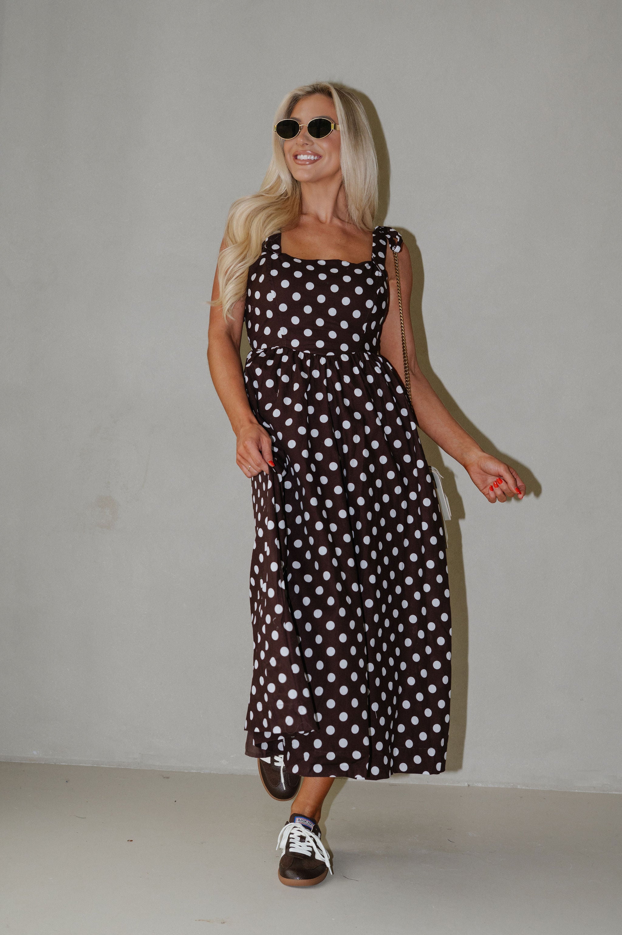 Serena Polka Dot Midi Dress-Brown
