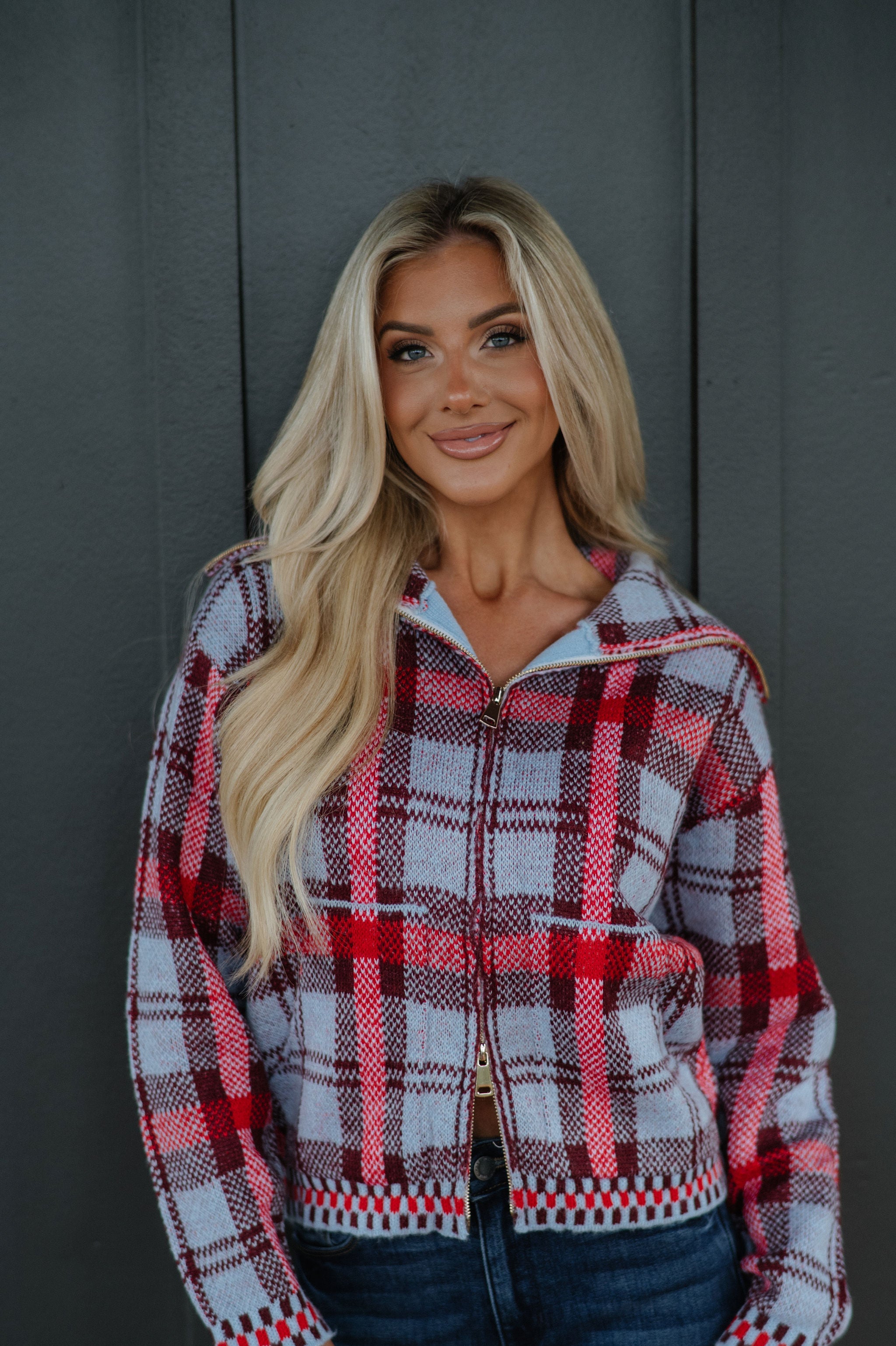 Plaid Knit Zip Sweater-Blue Multi