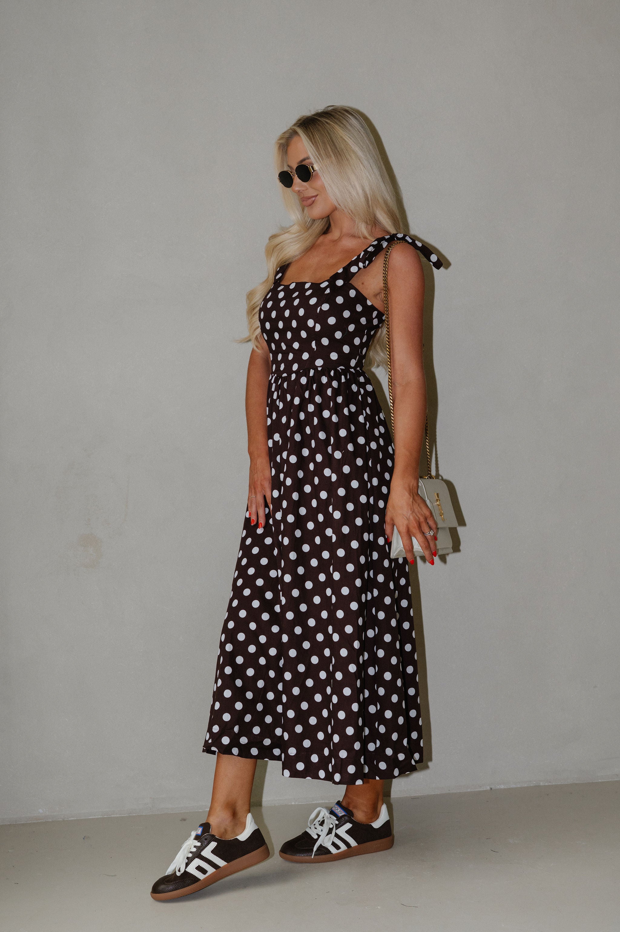 Serena Polka Dot Midi Dress-Brown