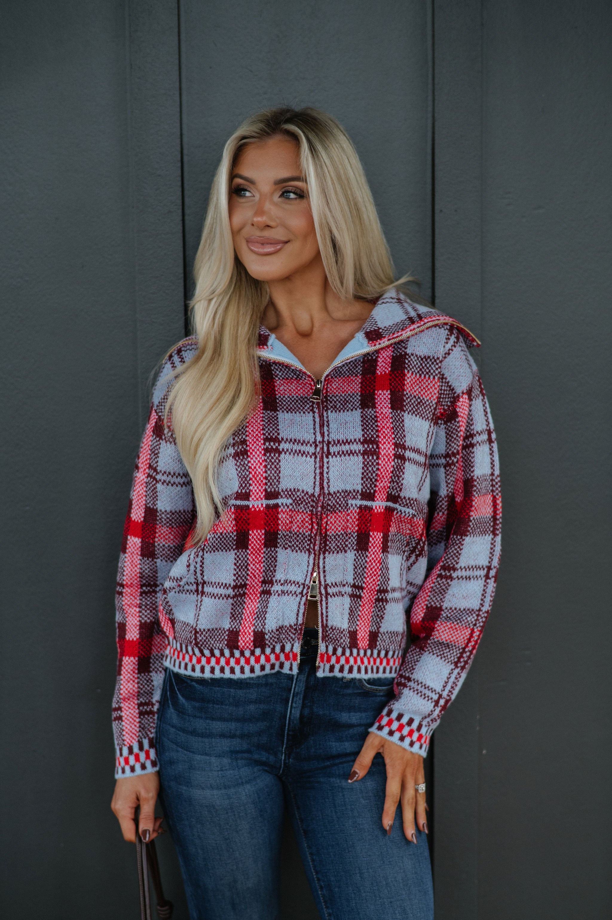 Plaid Knit Zip Sweater-Blue Multi