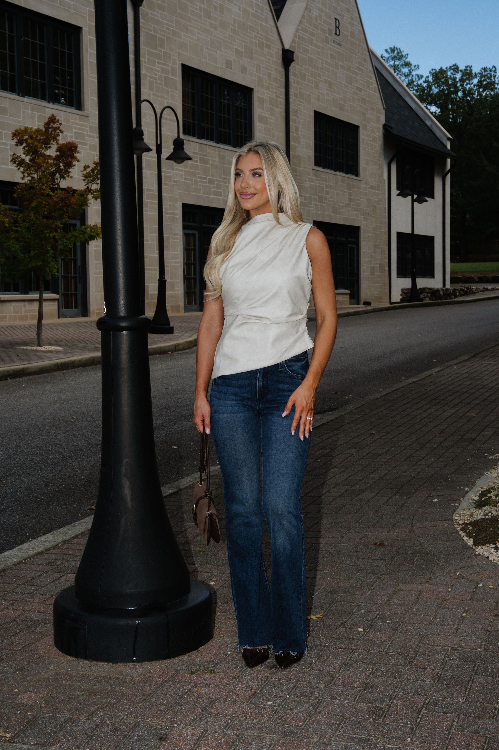 Distressed Asymmetrical Leather Top-Beige