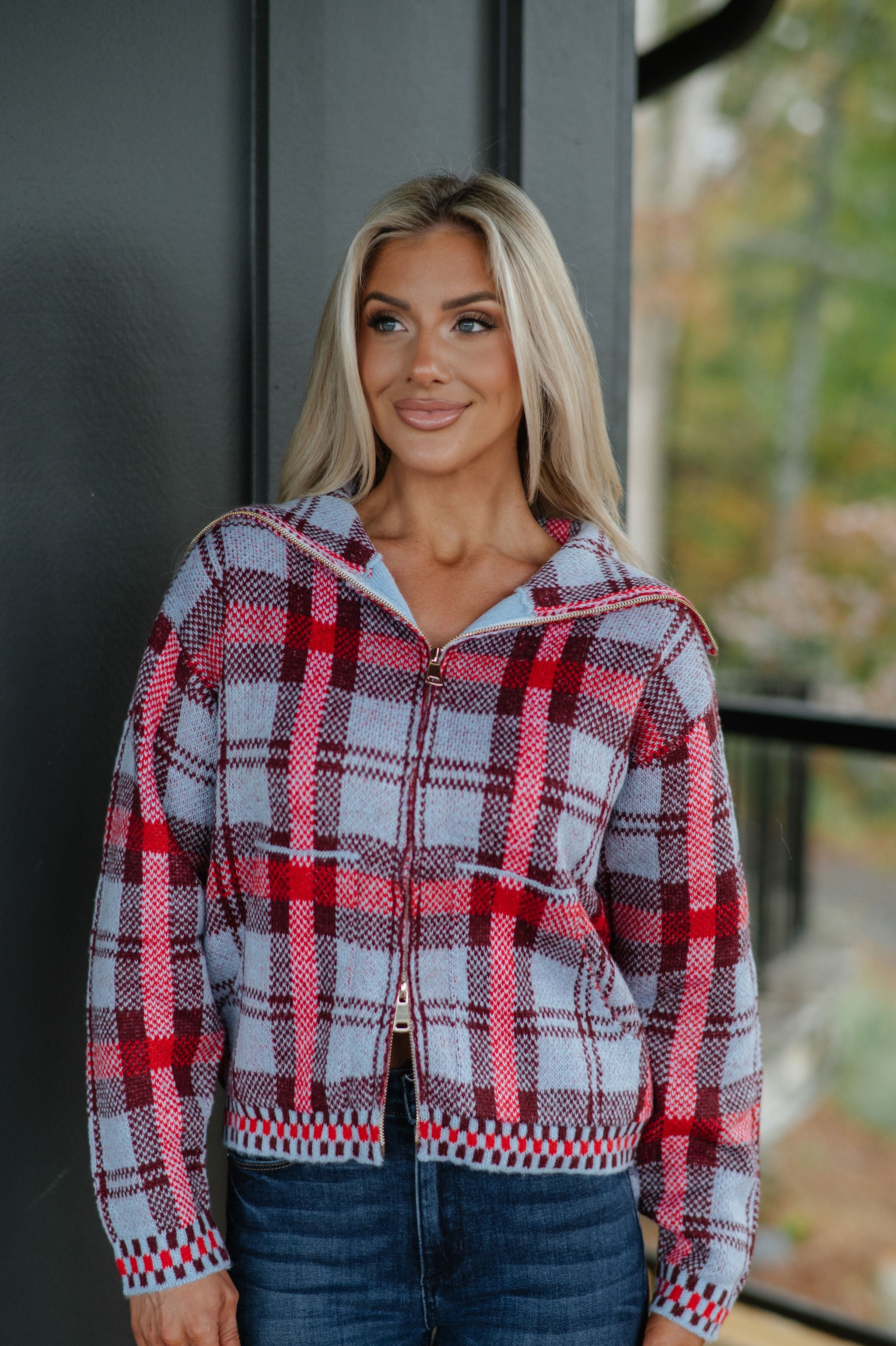 Plaid Knit Zip Sweater-Blue Multi
