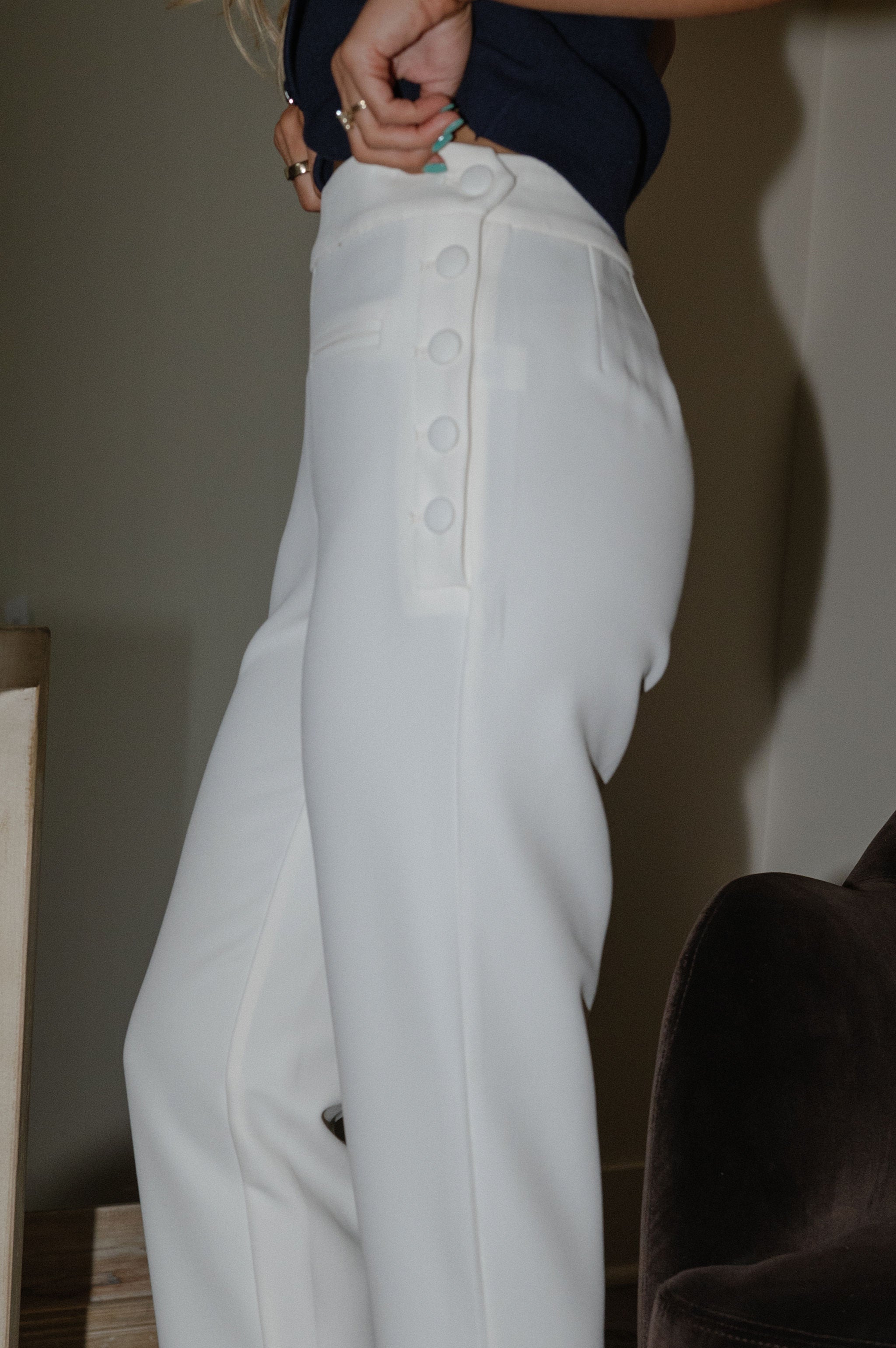 Button Embellished Pants-Ivory