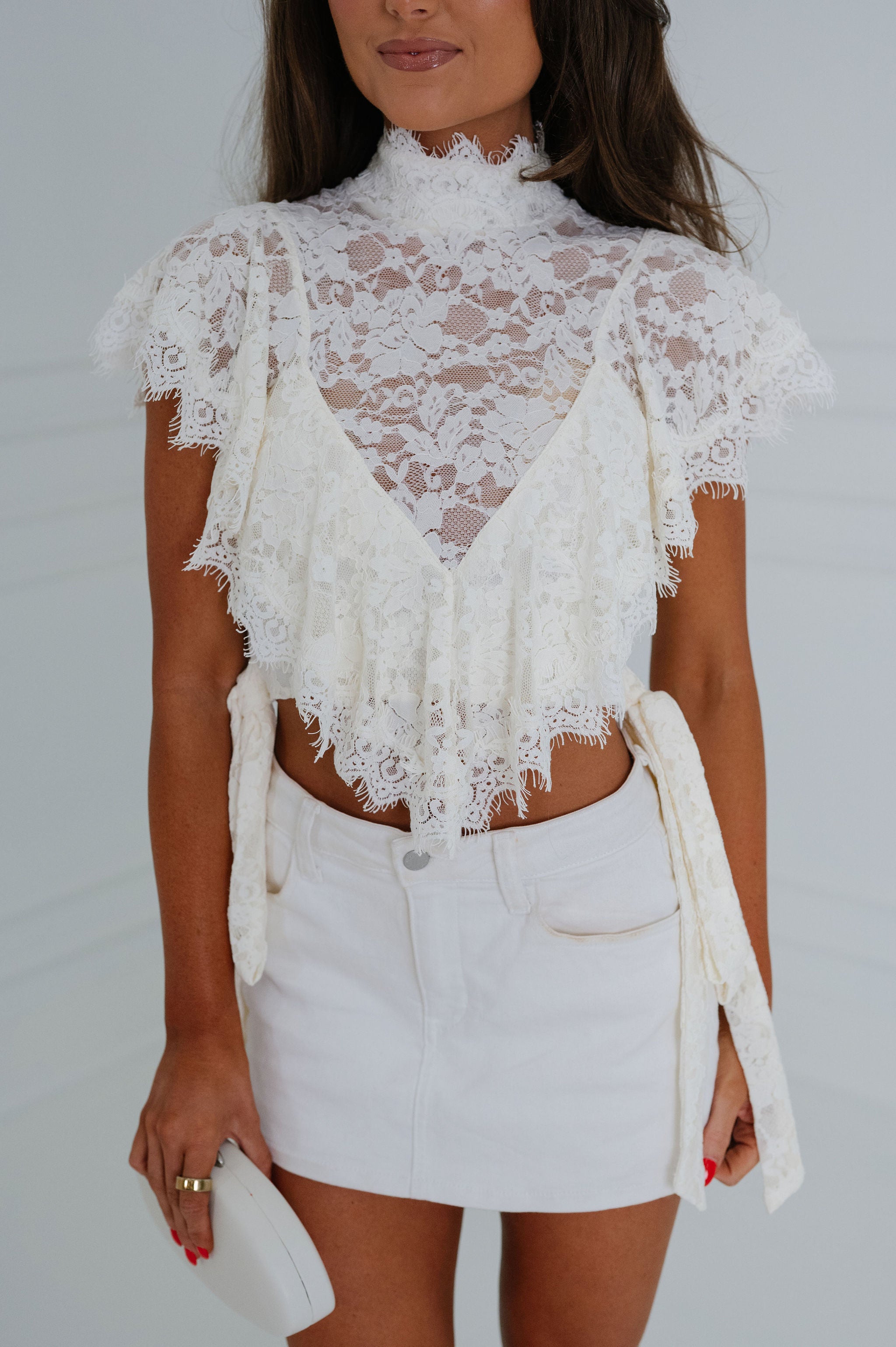 High Neck Ruffle Lace Top-Cream