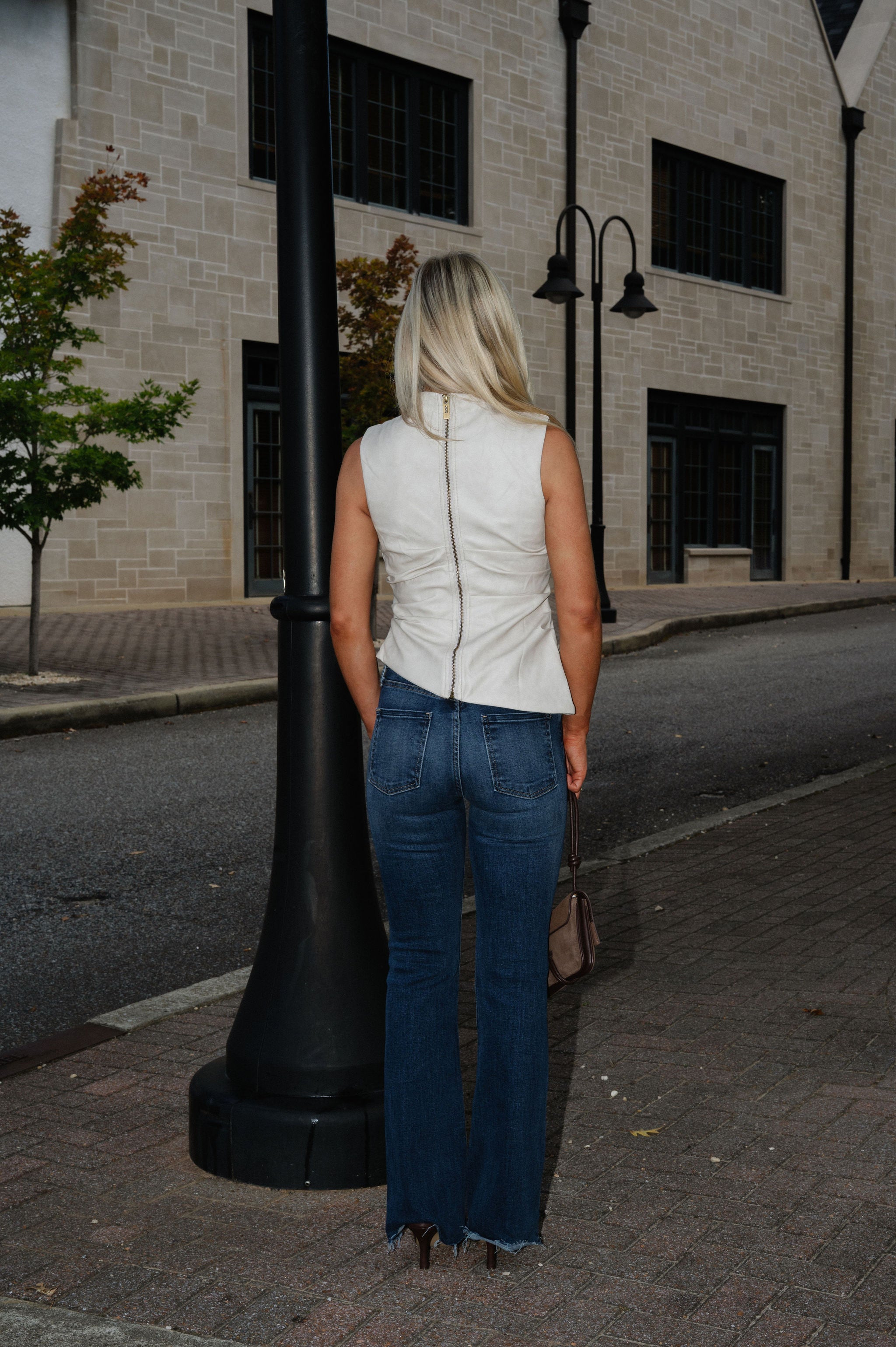 Distressed Asymmetrical Leather Top-Beige