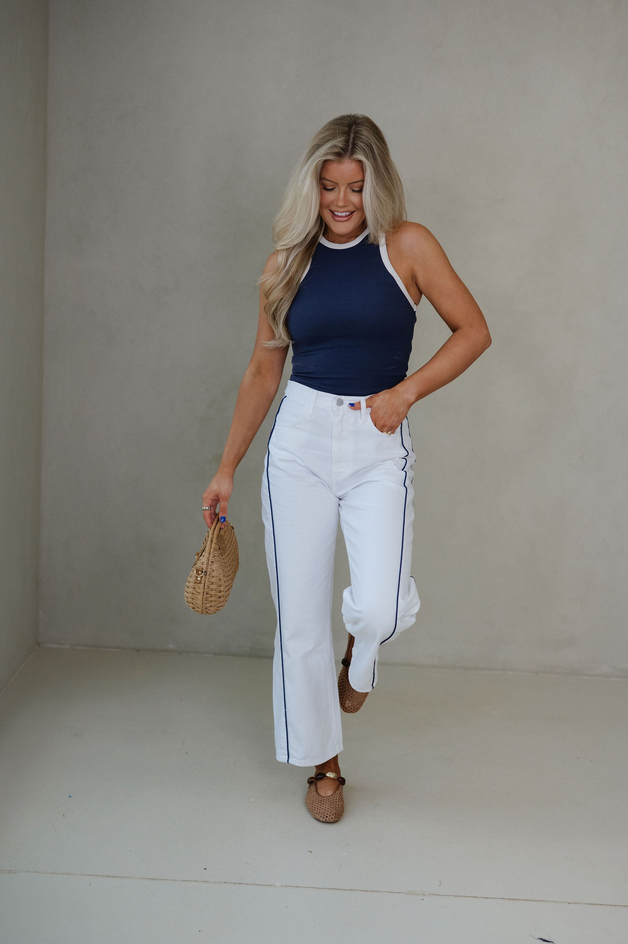 Hana Contrast Trim Tank Top-Navy/Ecru