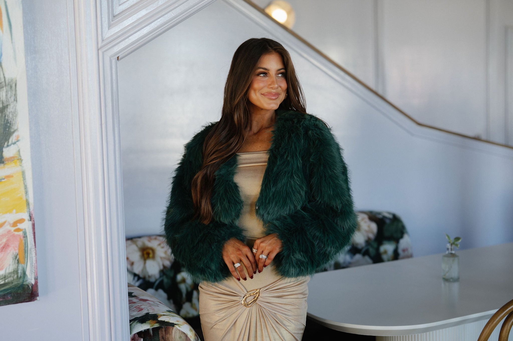 Sophia Faux Fur Jacket-Dark Green