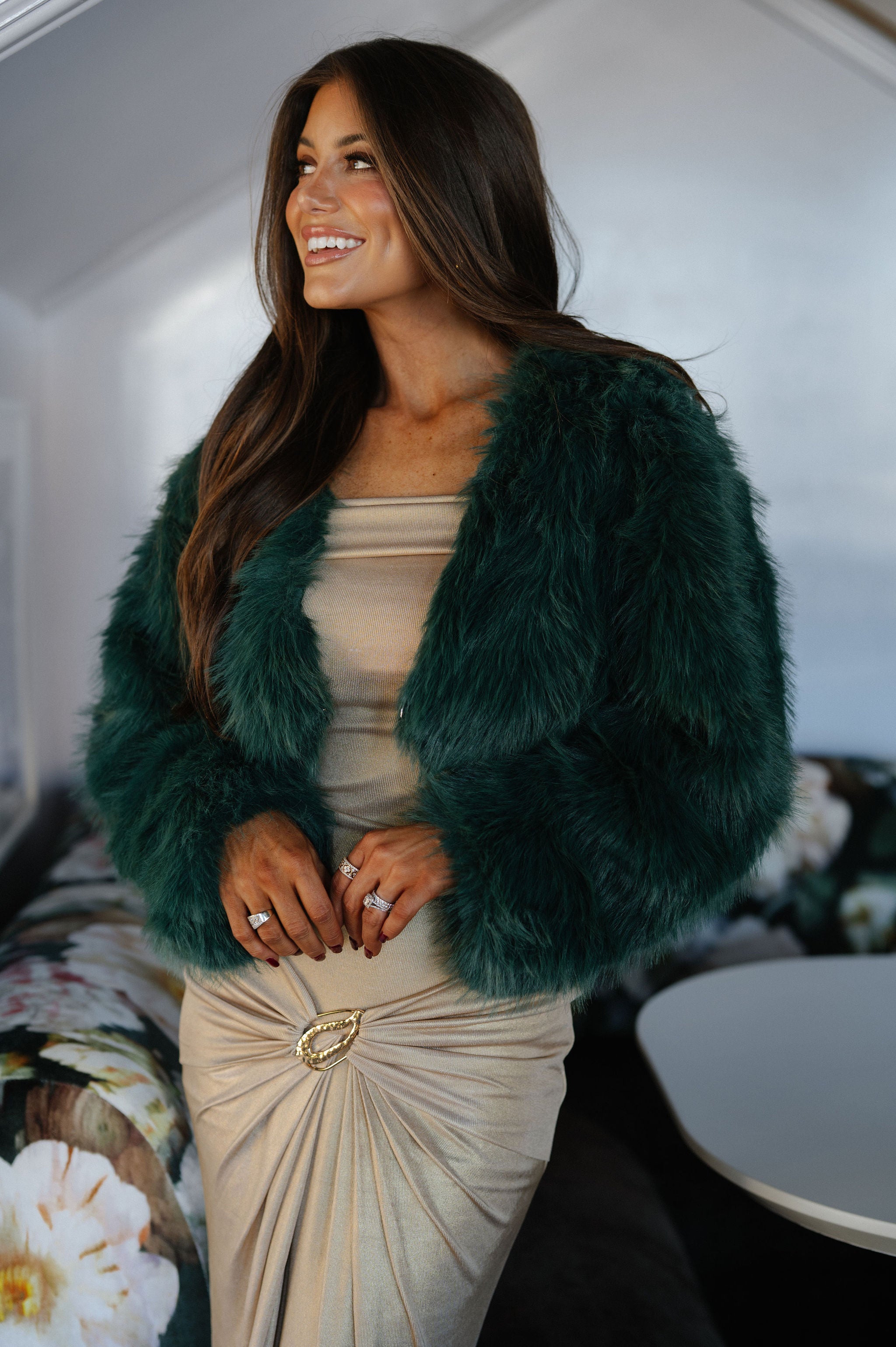 Sophia Faux Fur Jacket-Dark Green