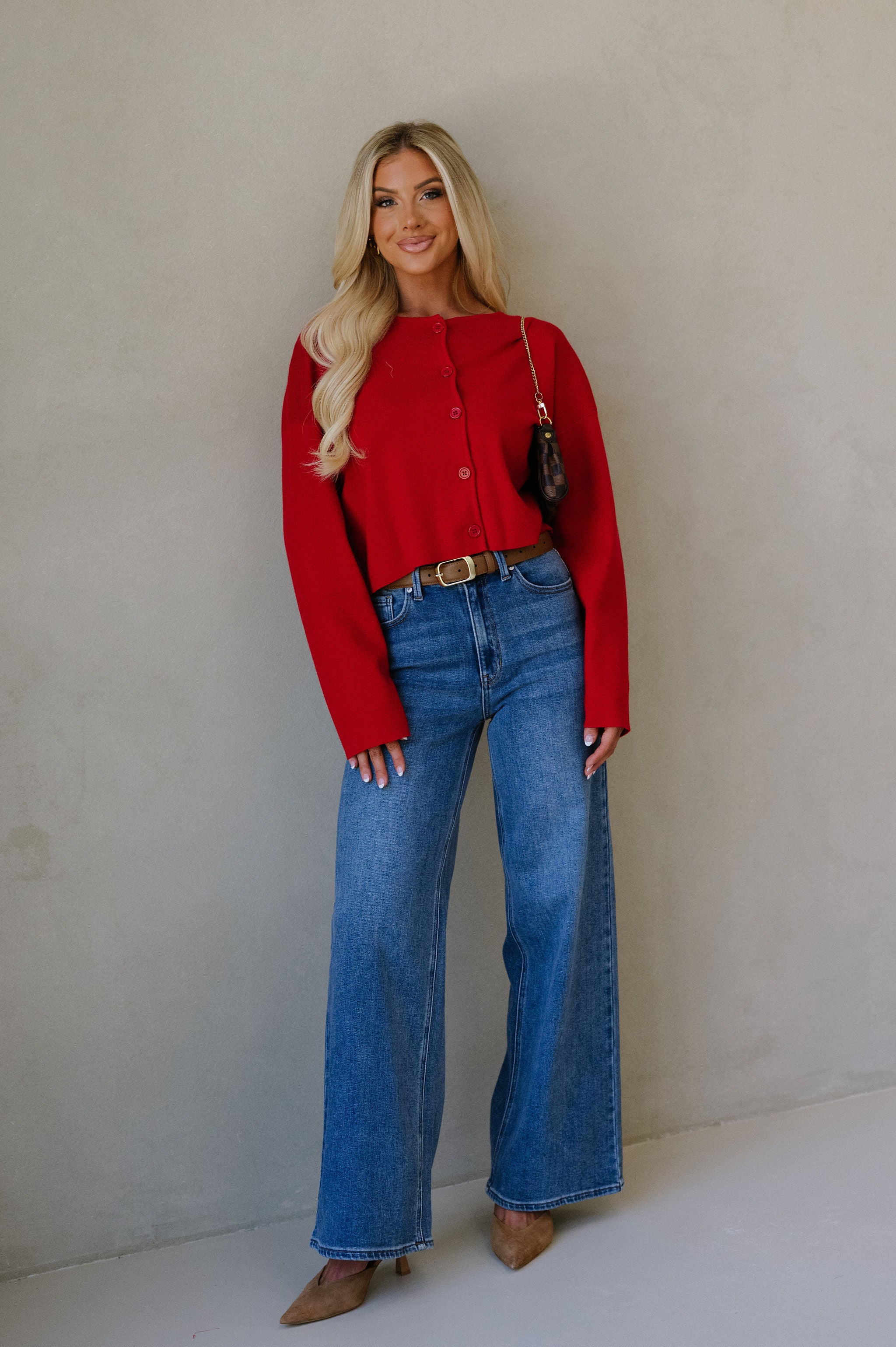 Round Neck Sweater Cardigan-Red