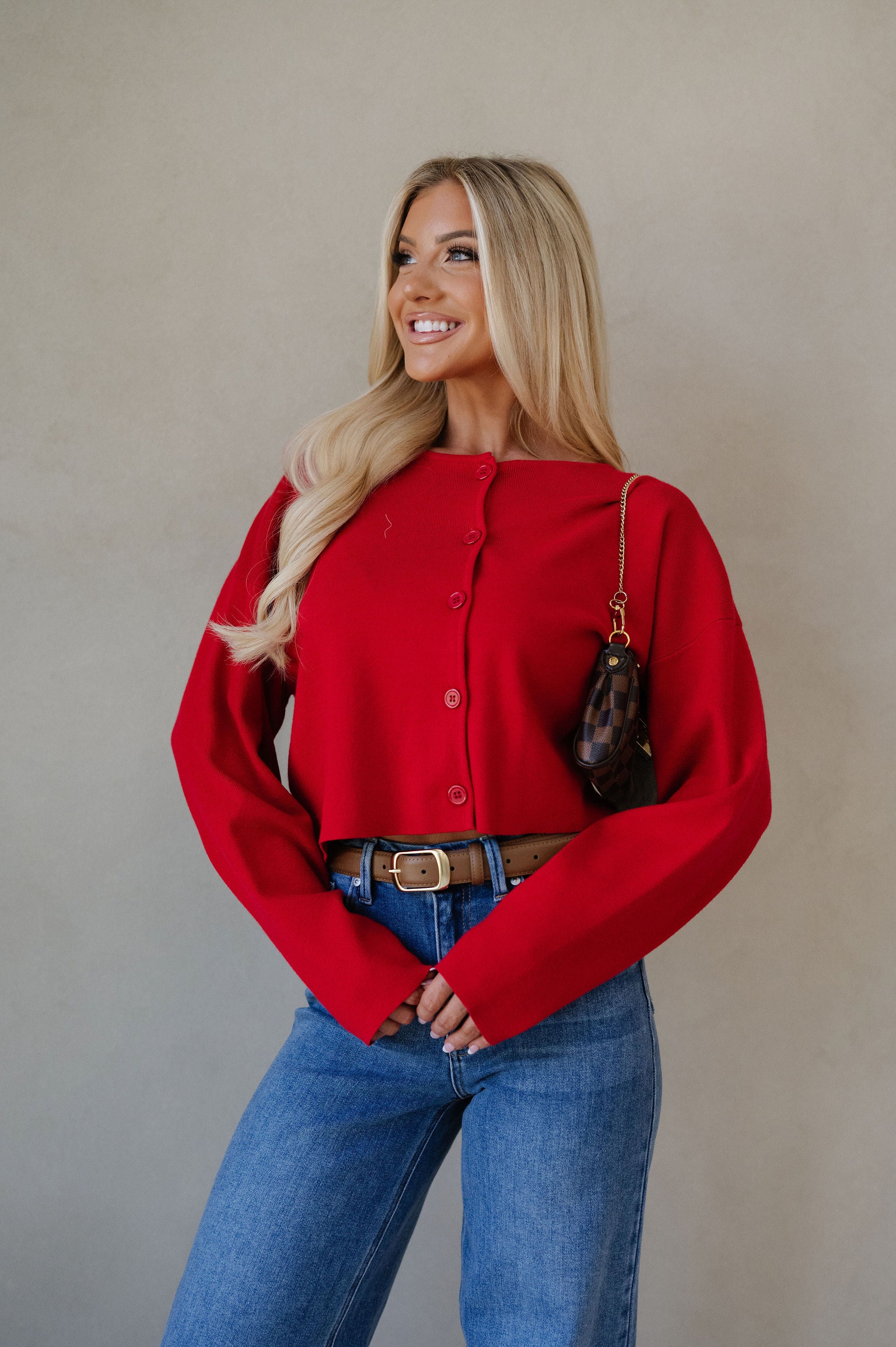 Round Neck Sweater Cardigan-Red