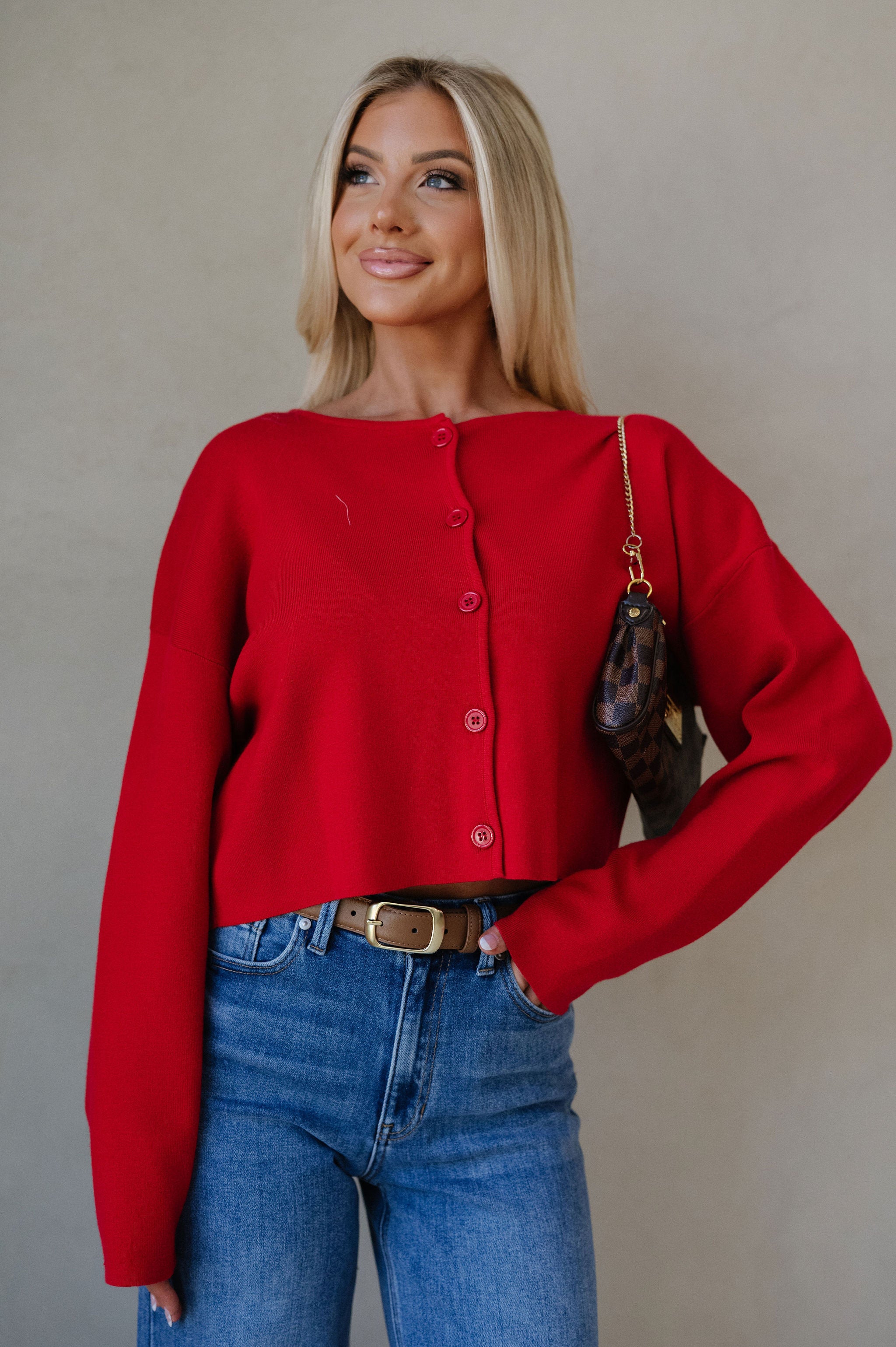 Round Neck Sweater Cardigan-Red