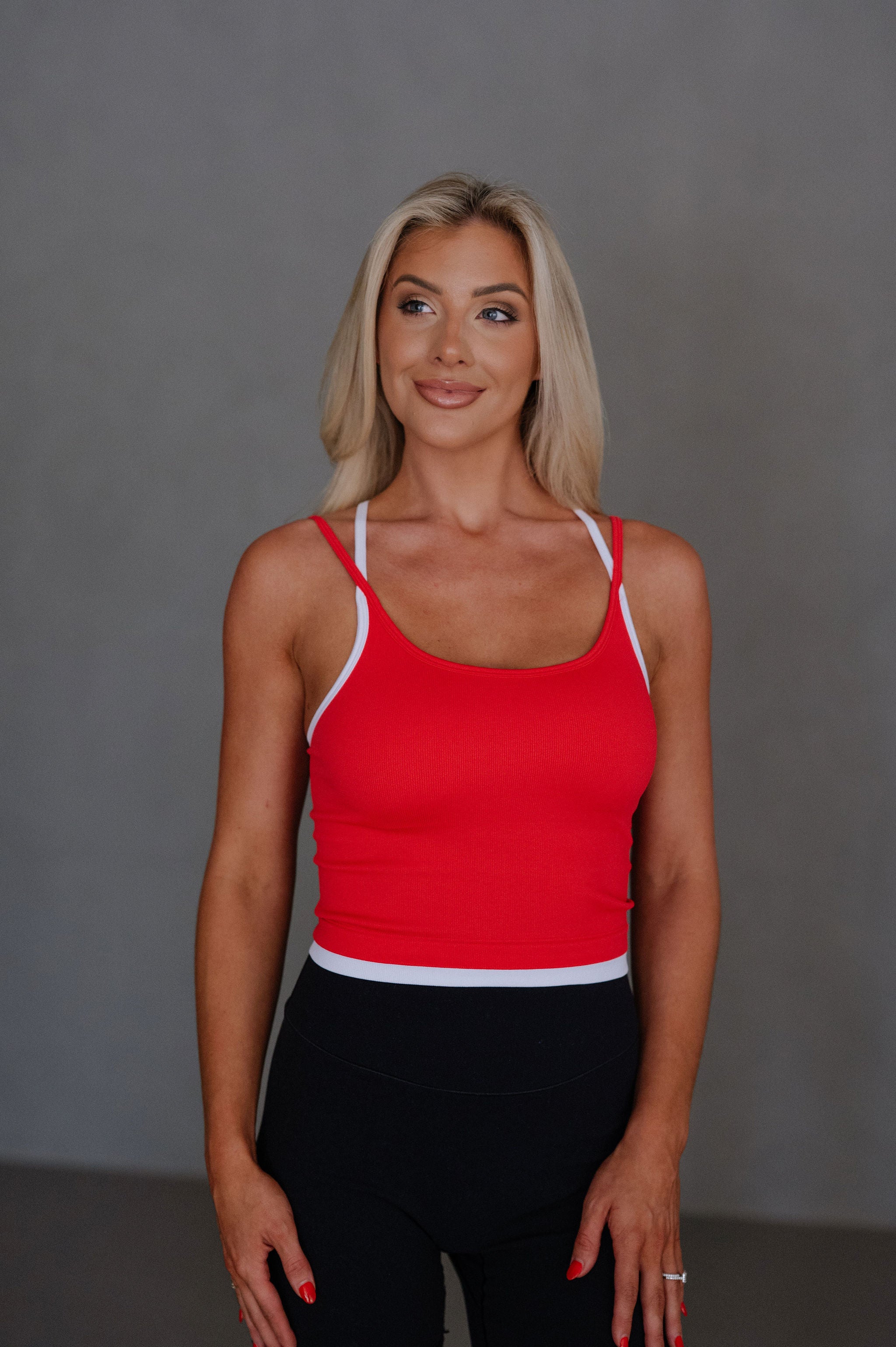 Contrast Halter Layer Tank-Red/White