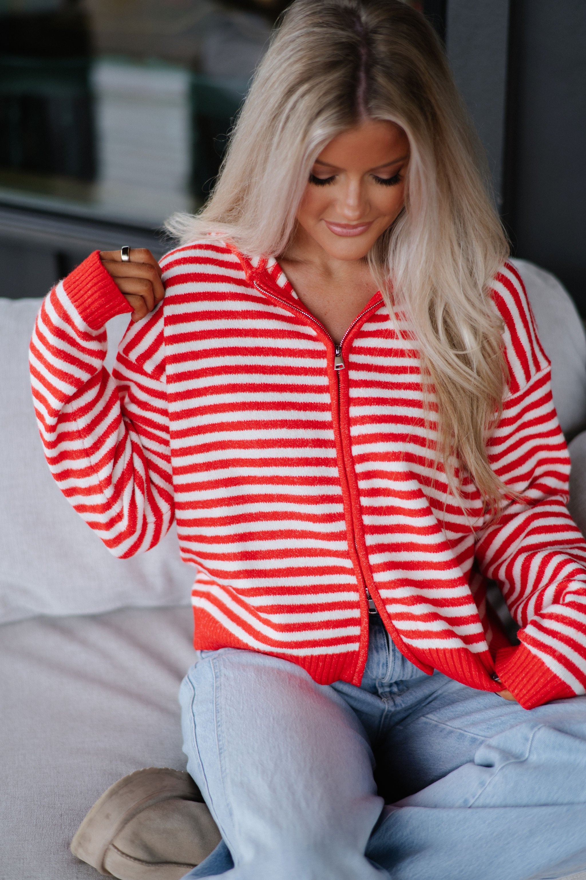 Callie Striped Hoodie-Red