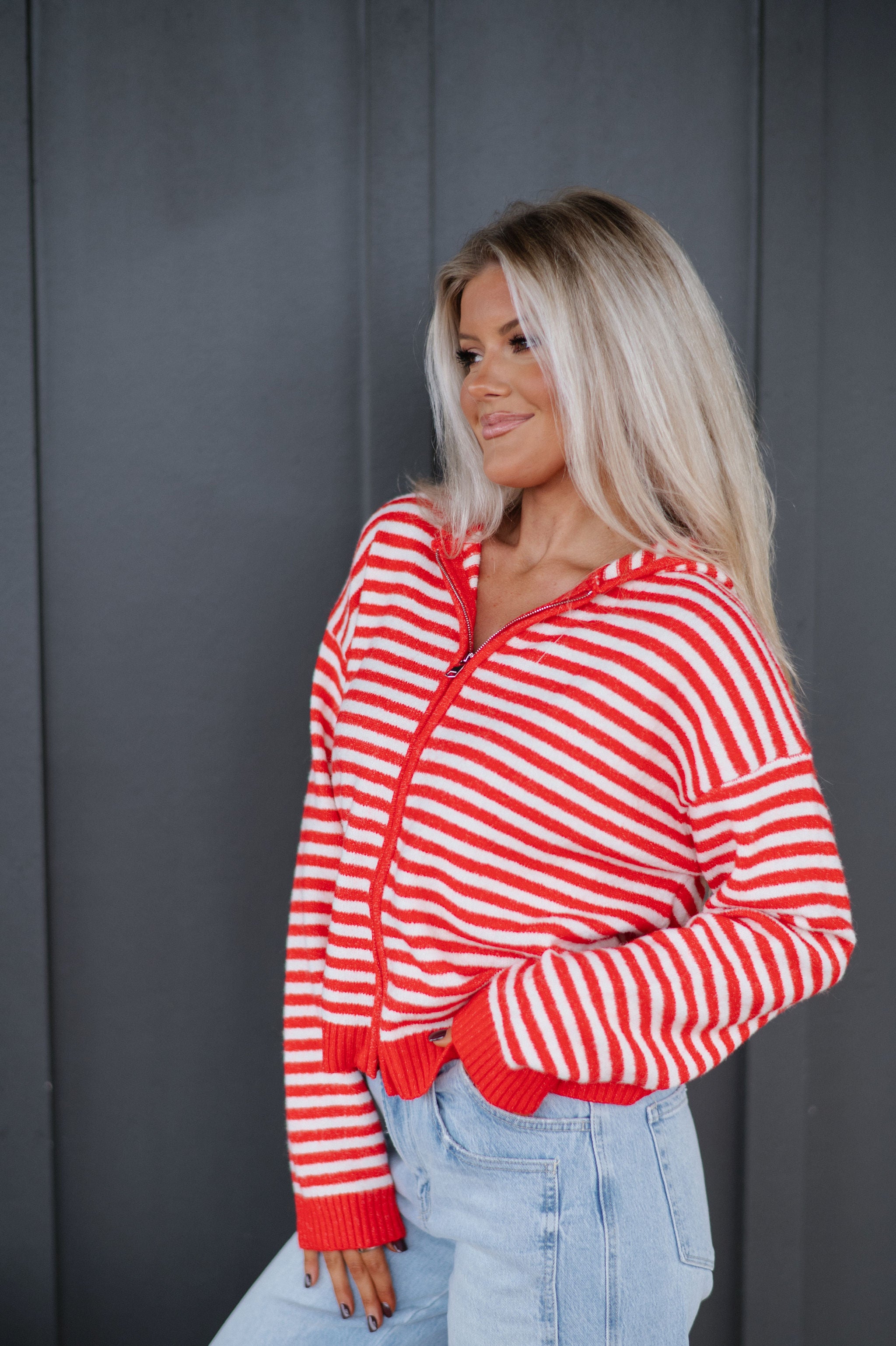 Callie Striped Hoodie-Red