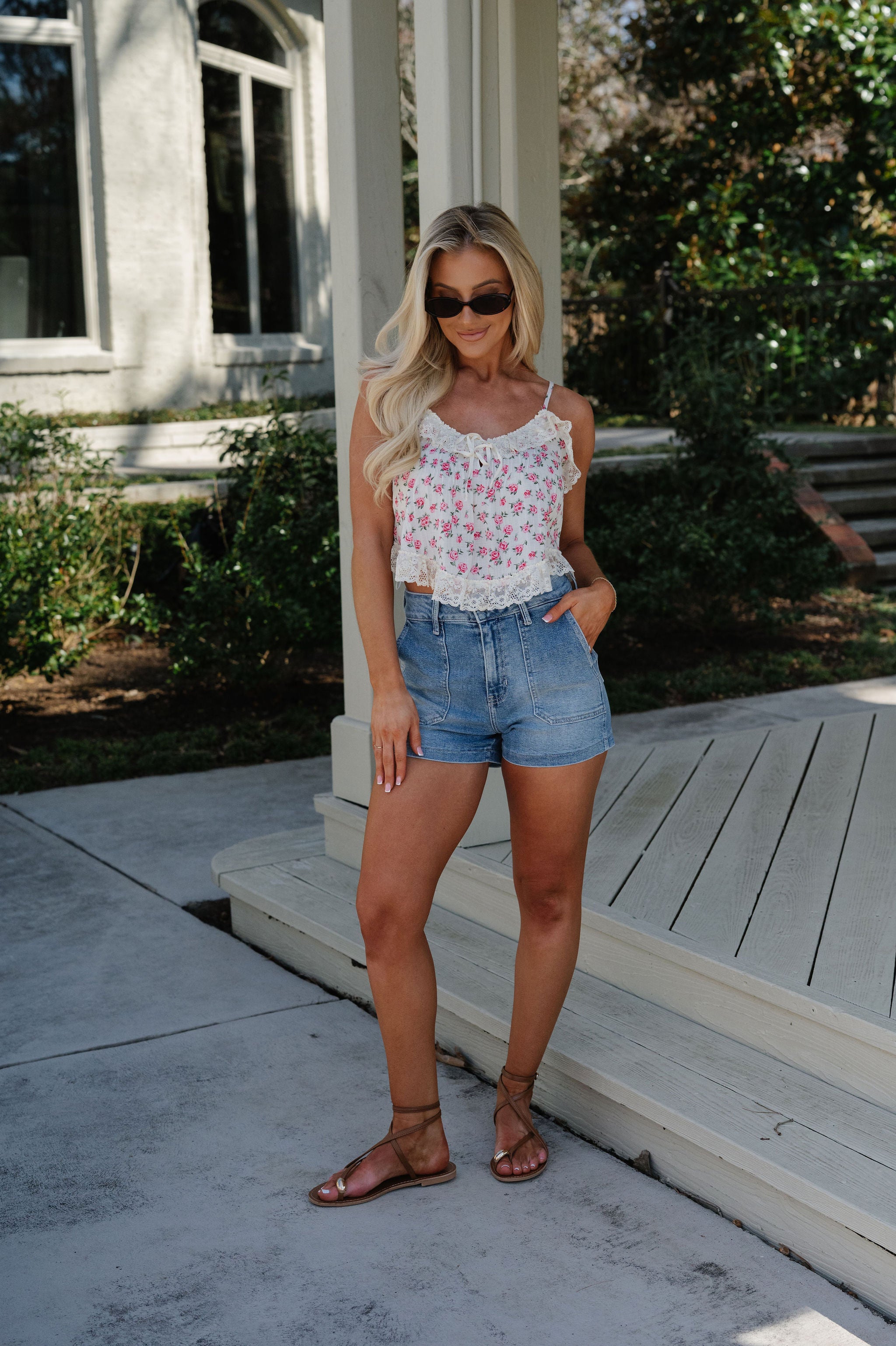 Victoria Lace Trim Top-Pink Floral