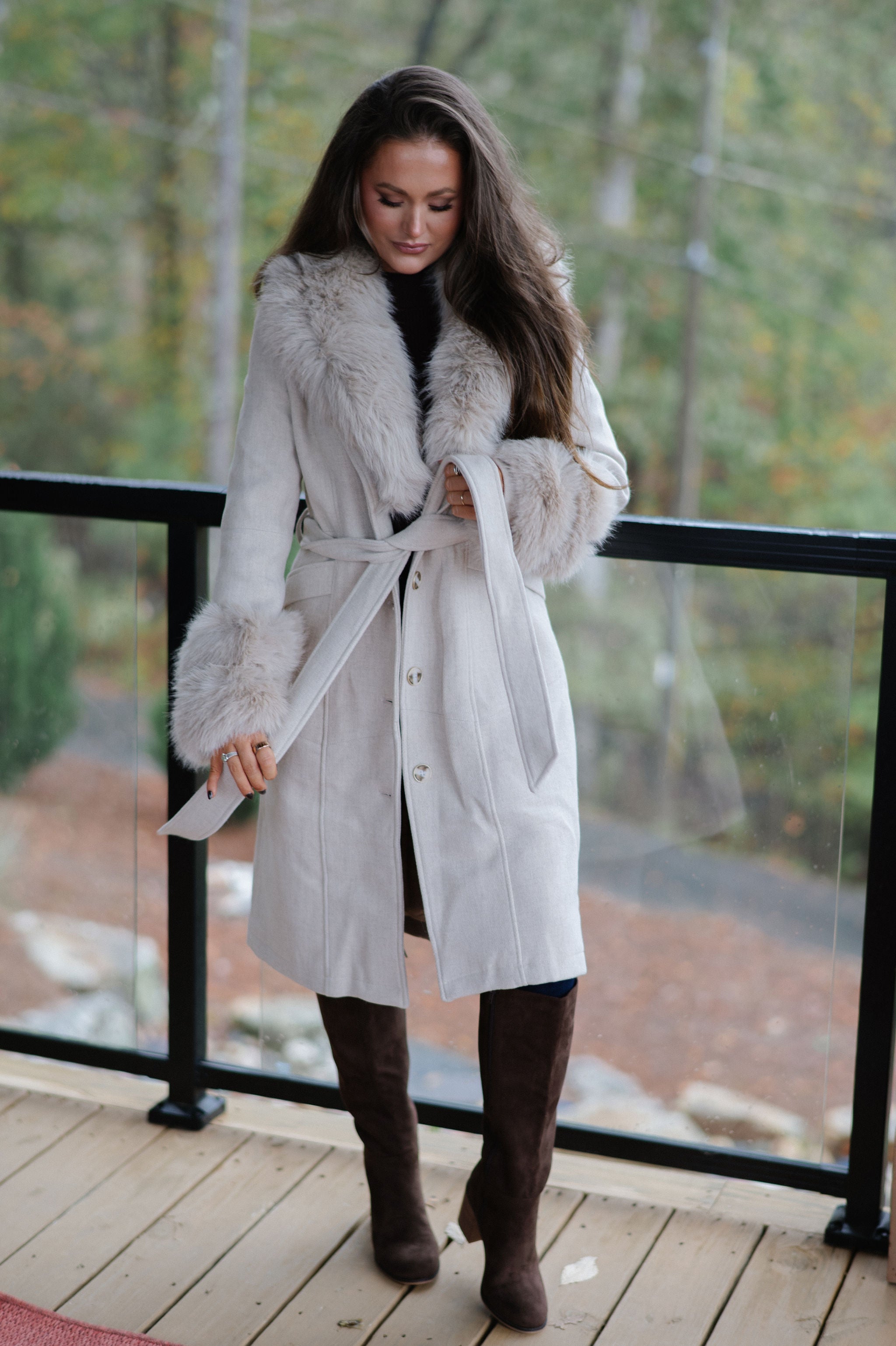 Imperial Faux Fur Trim Coat-Beige