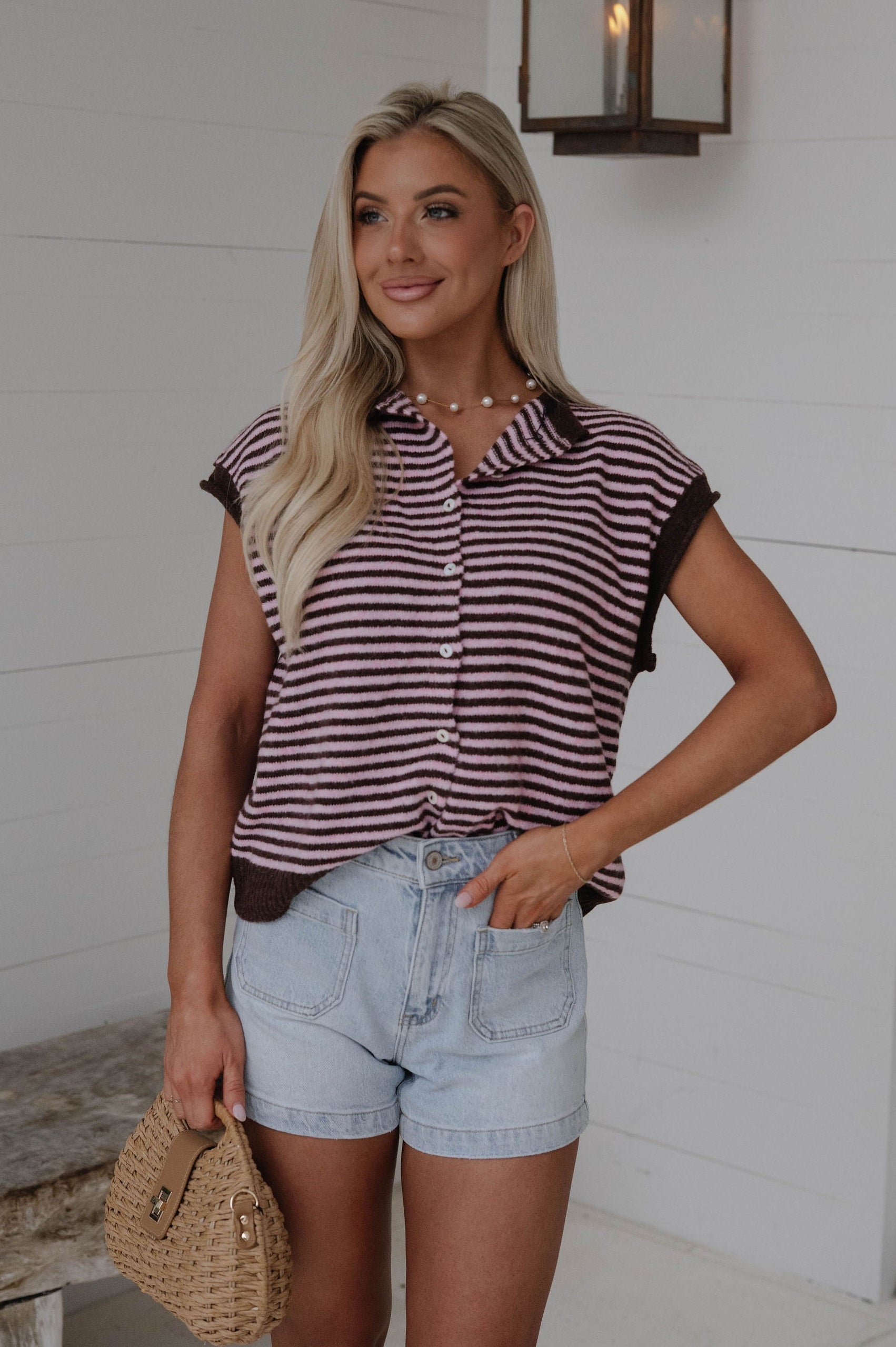 Striped Piper Vest Cardigan-Brown