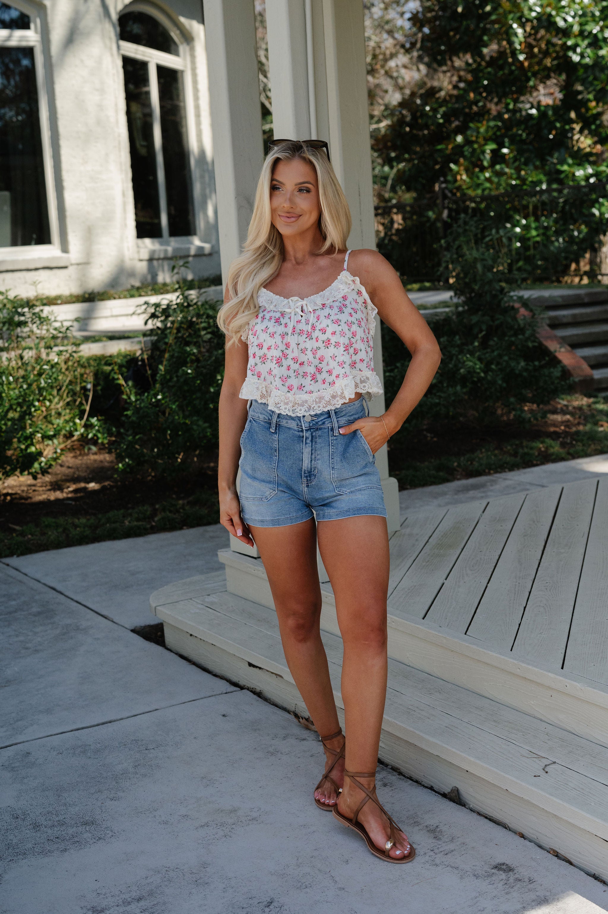 Victoria Lace Trim Top-Pink Floral