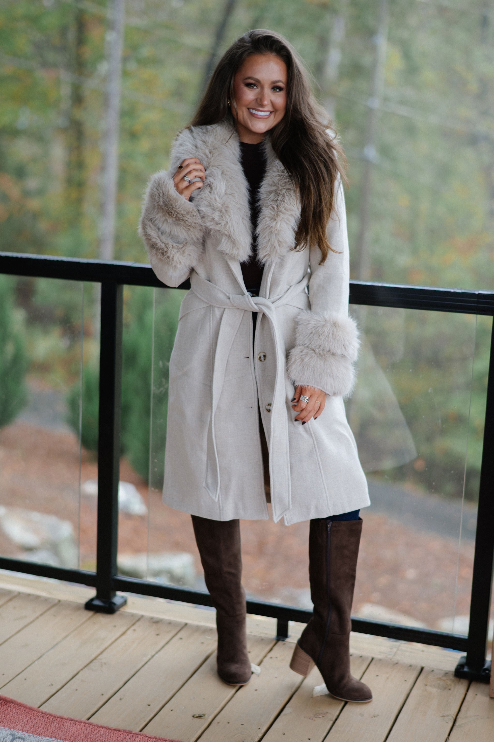 Imperial Faux Fur Trim Coat-Beige