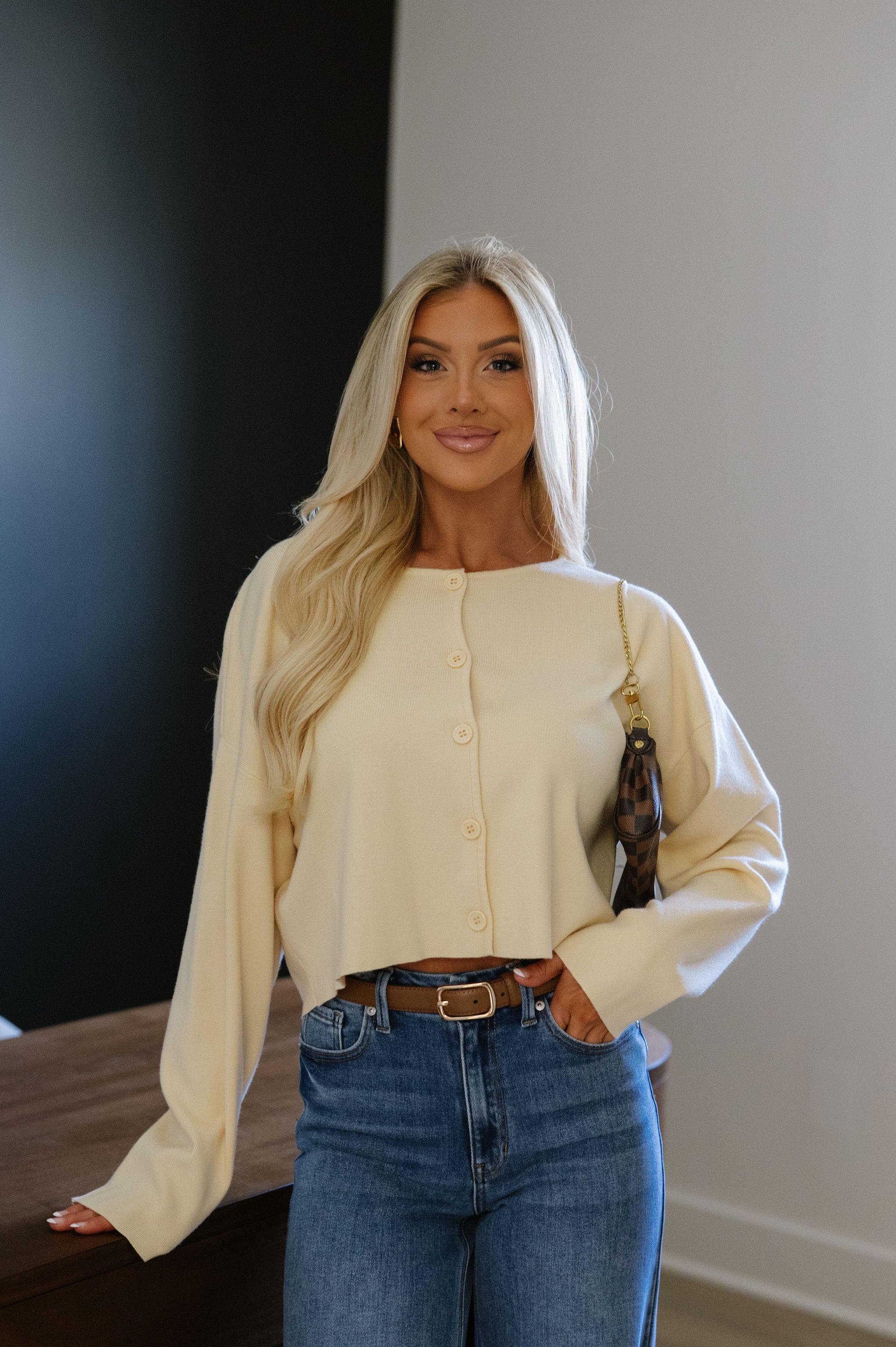Round Neck Sweater Cardigan-Butter