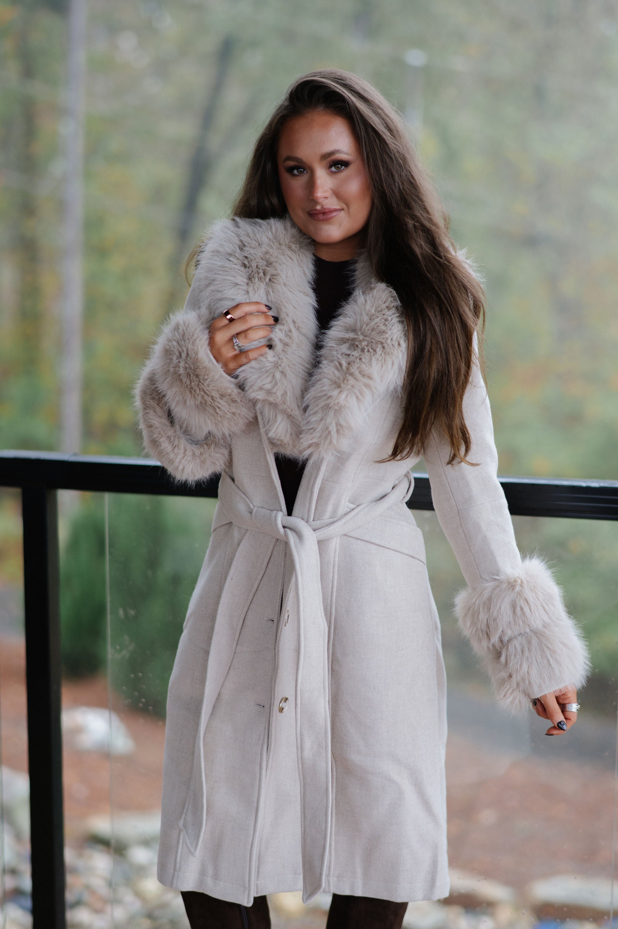 Imperial Faux Fur Trim Coat-Beige