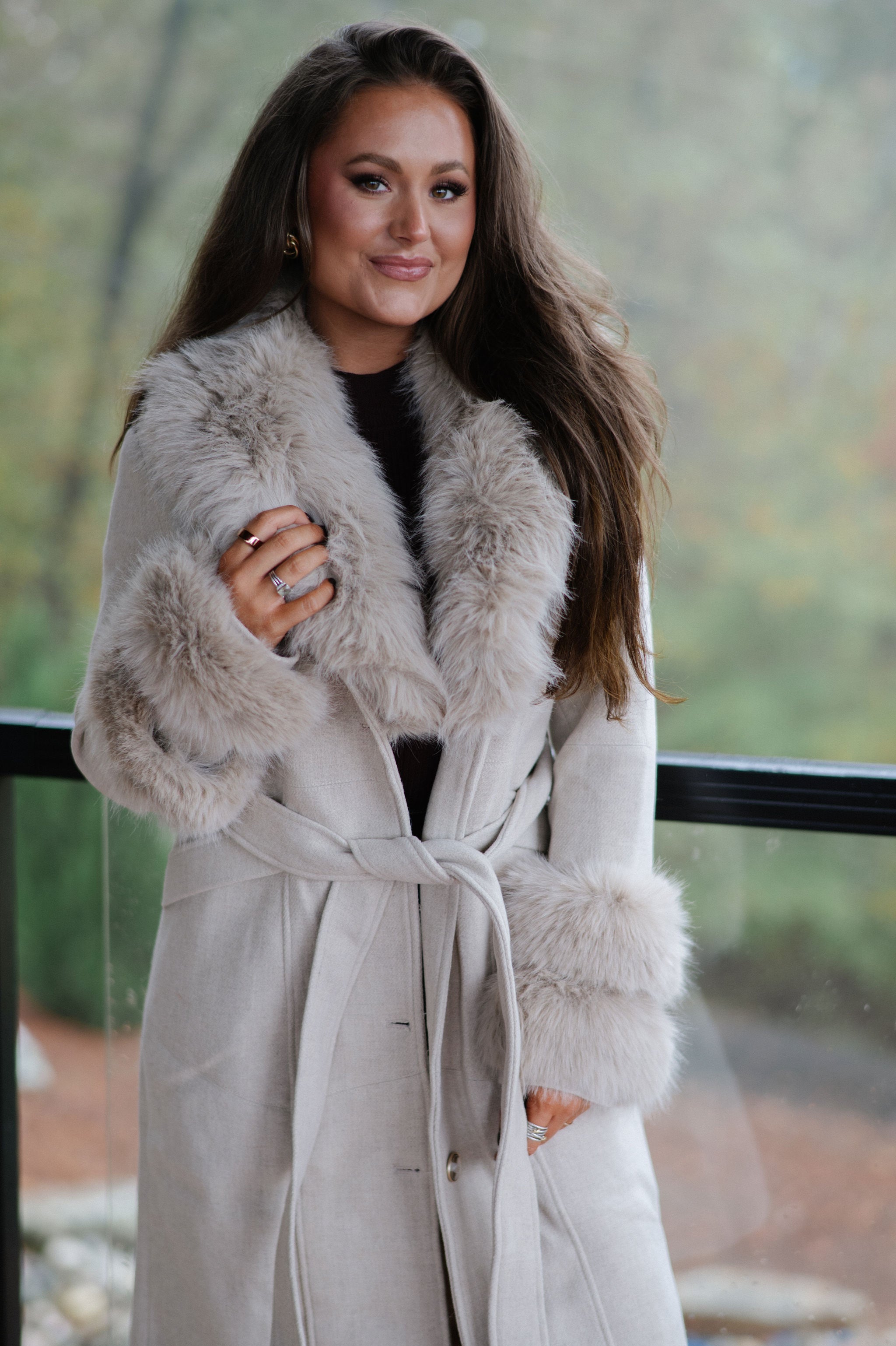 Imperial Faux Fur Trim Coat-Beige