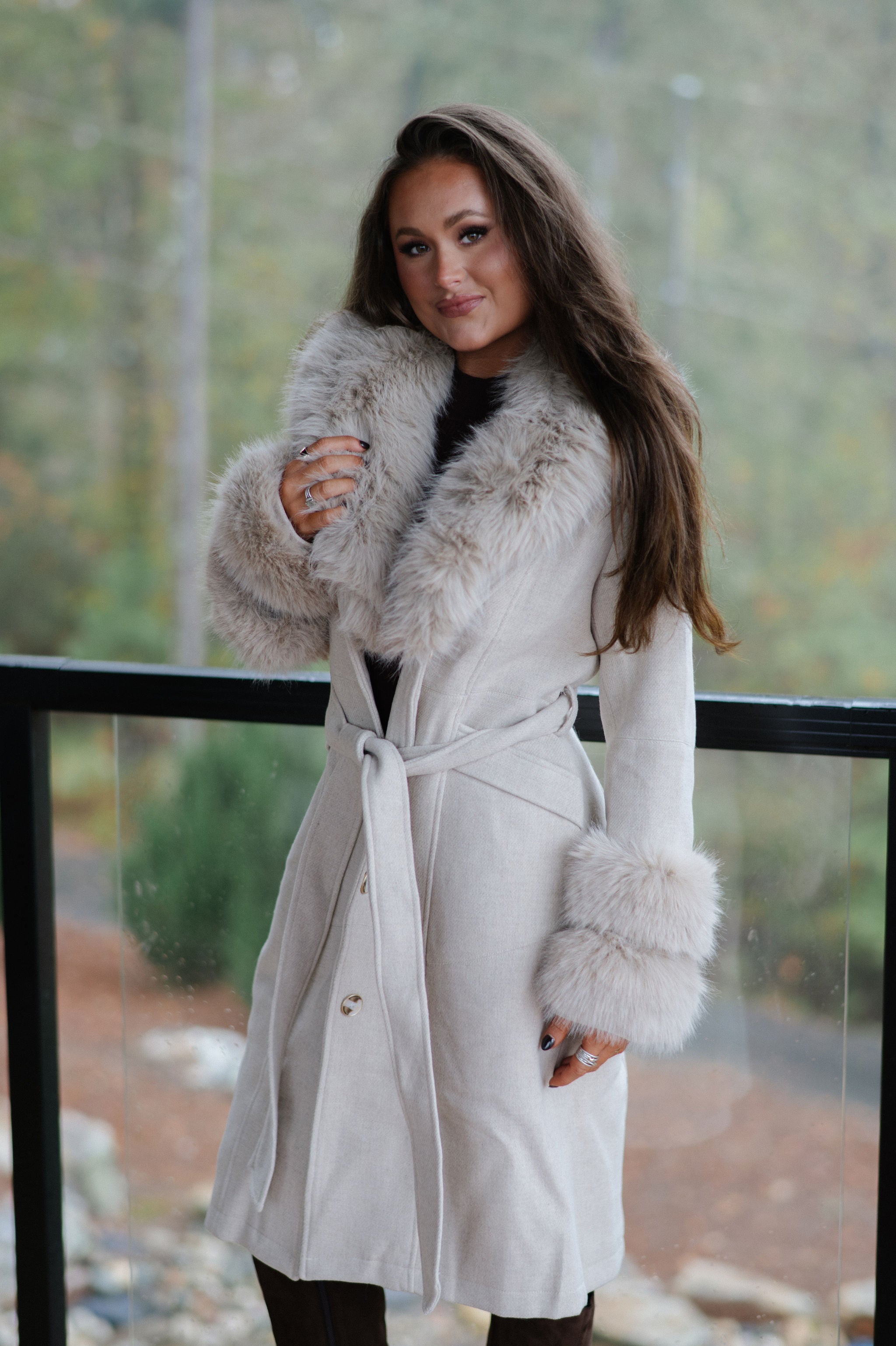Imperial Faux Fur Trim Coat-Beige