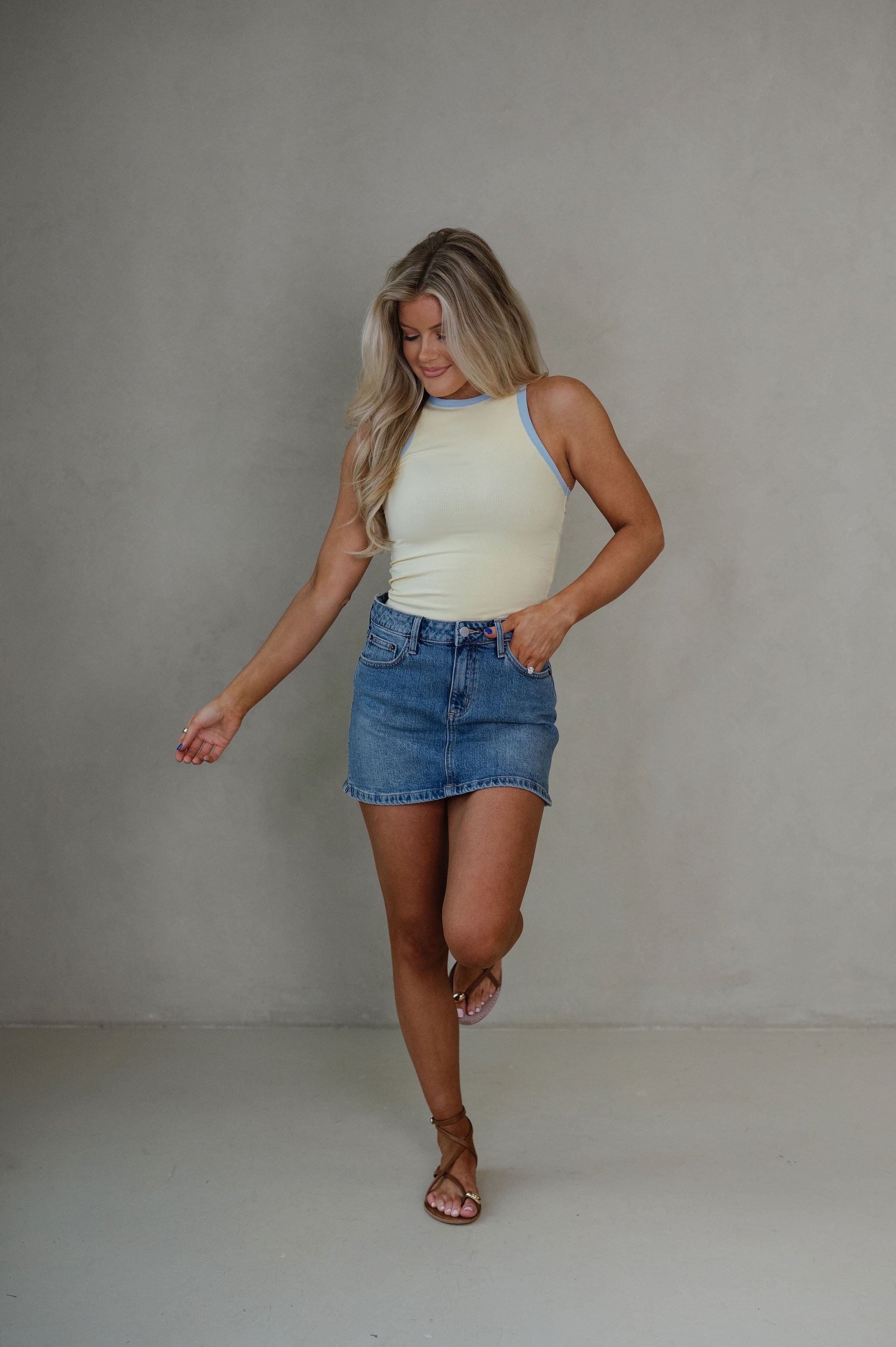 Hana Contrast Trim Tank Top-Butter/Light Blue