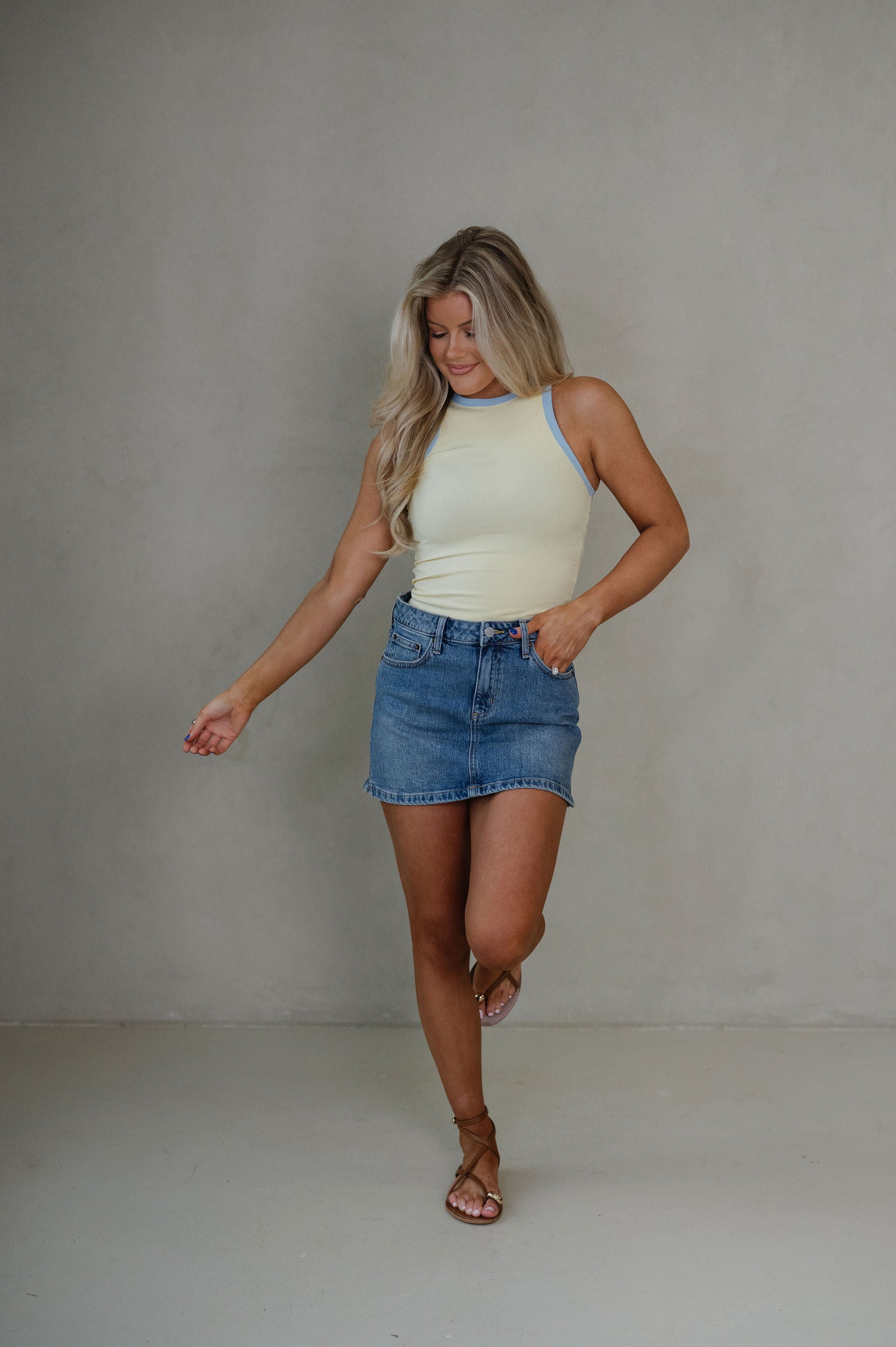 Hana Contrast Trim Tank Top-Butter/Light Blue