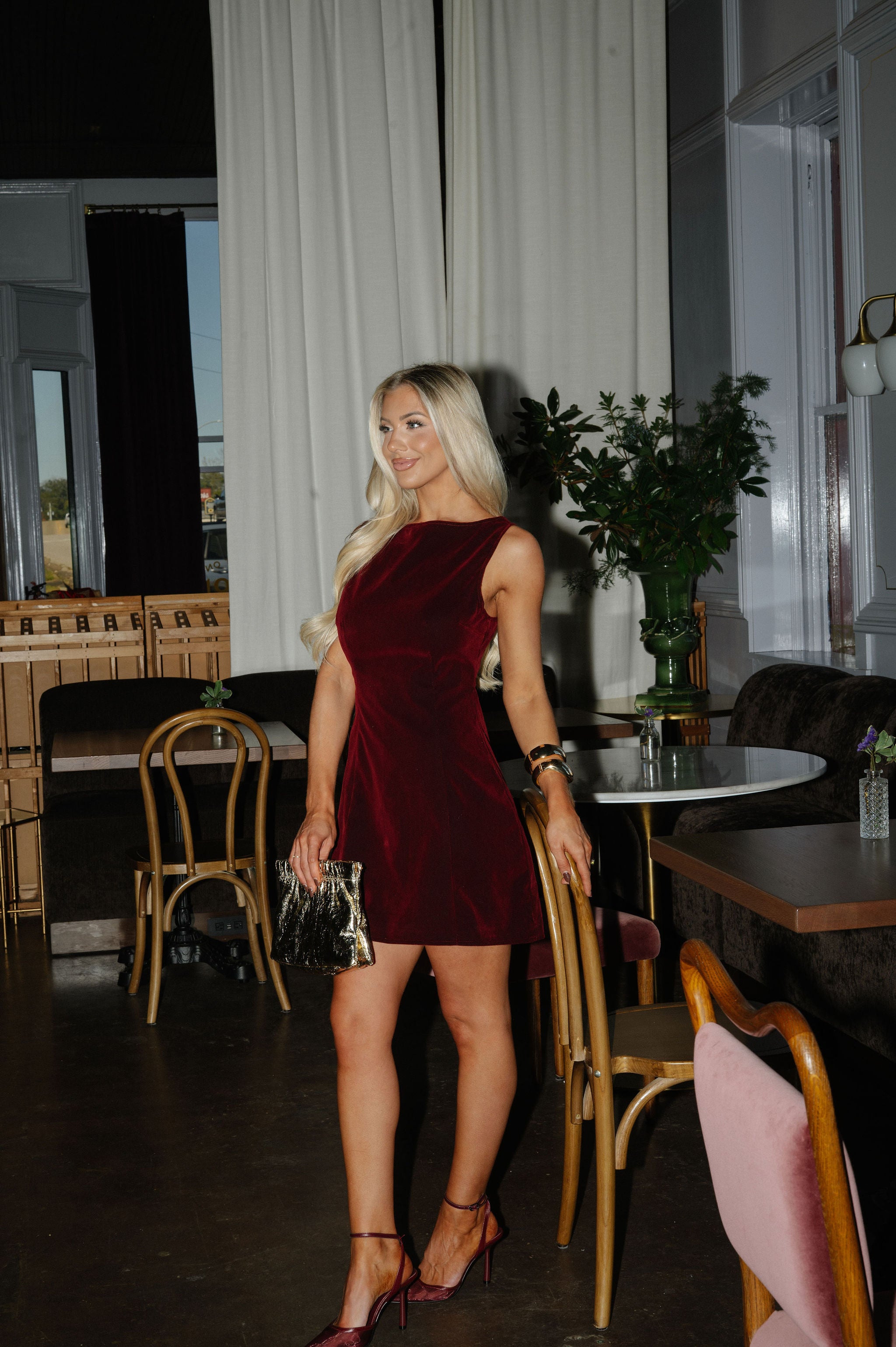 Karmen Velvet Mini Dress-Burgundy