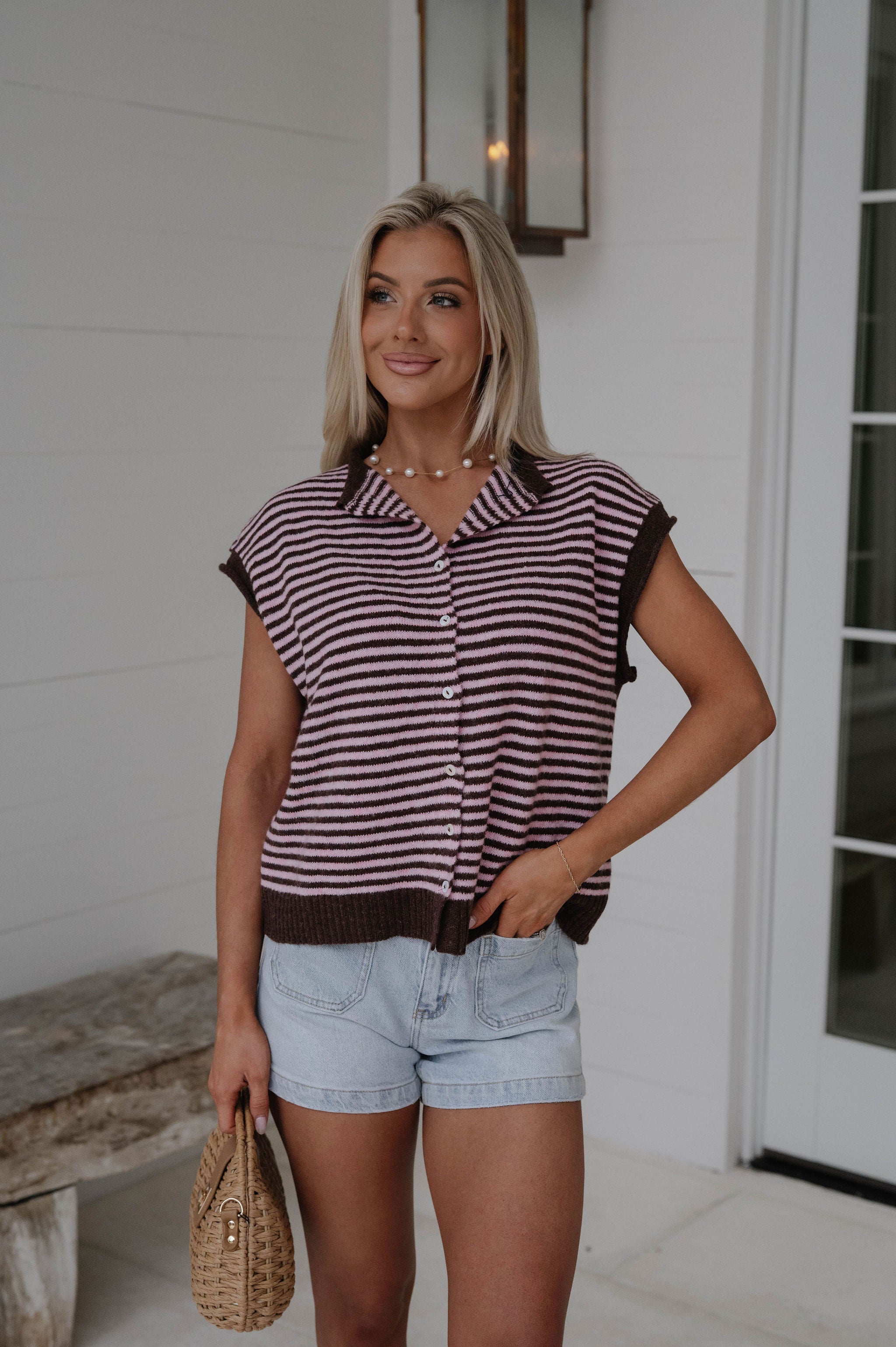 Striped Piper Vest Cardigan-Brown