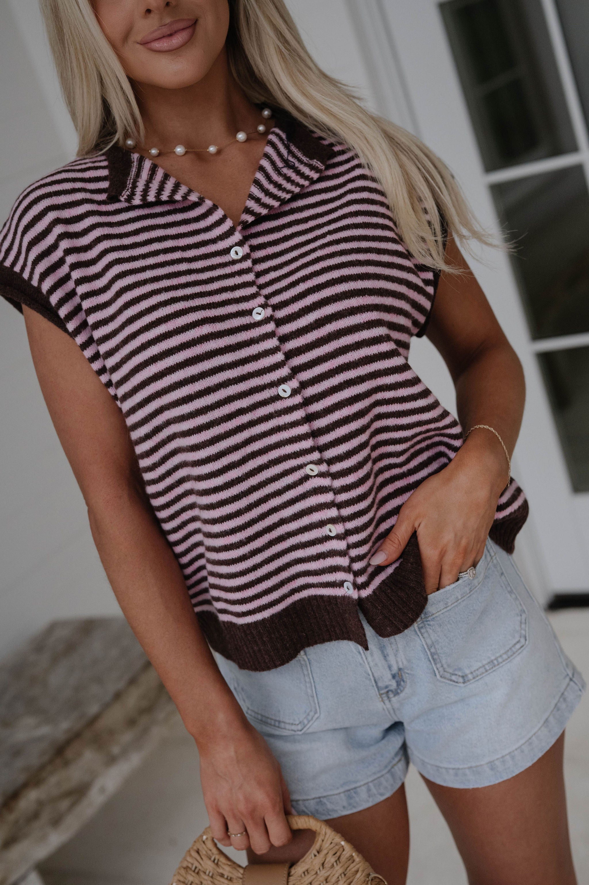 Striped Piper Vest Cardigan-Brown
