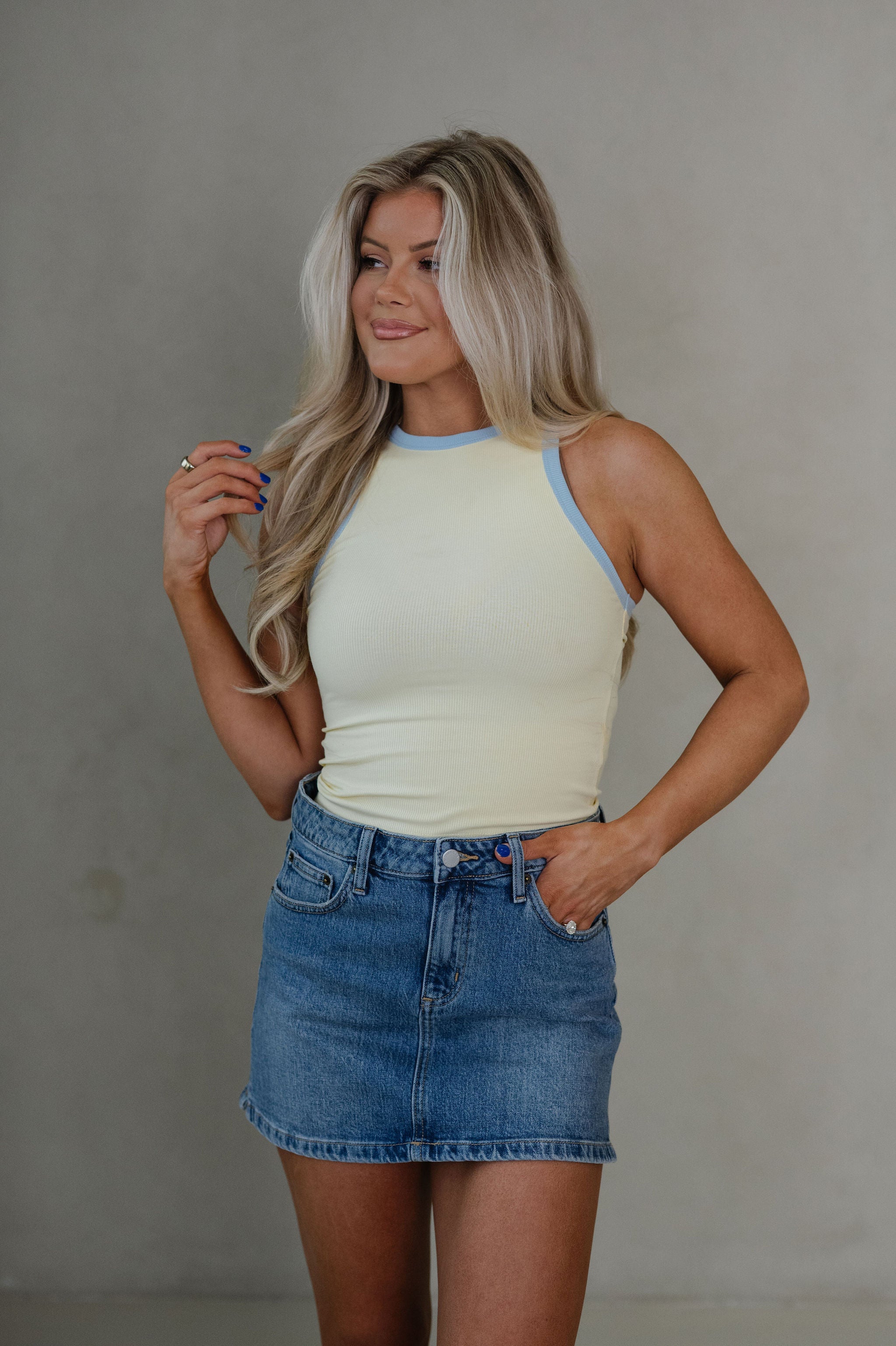 Hana Contrast Trim Tank Top-Butter/Light Blue