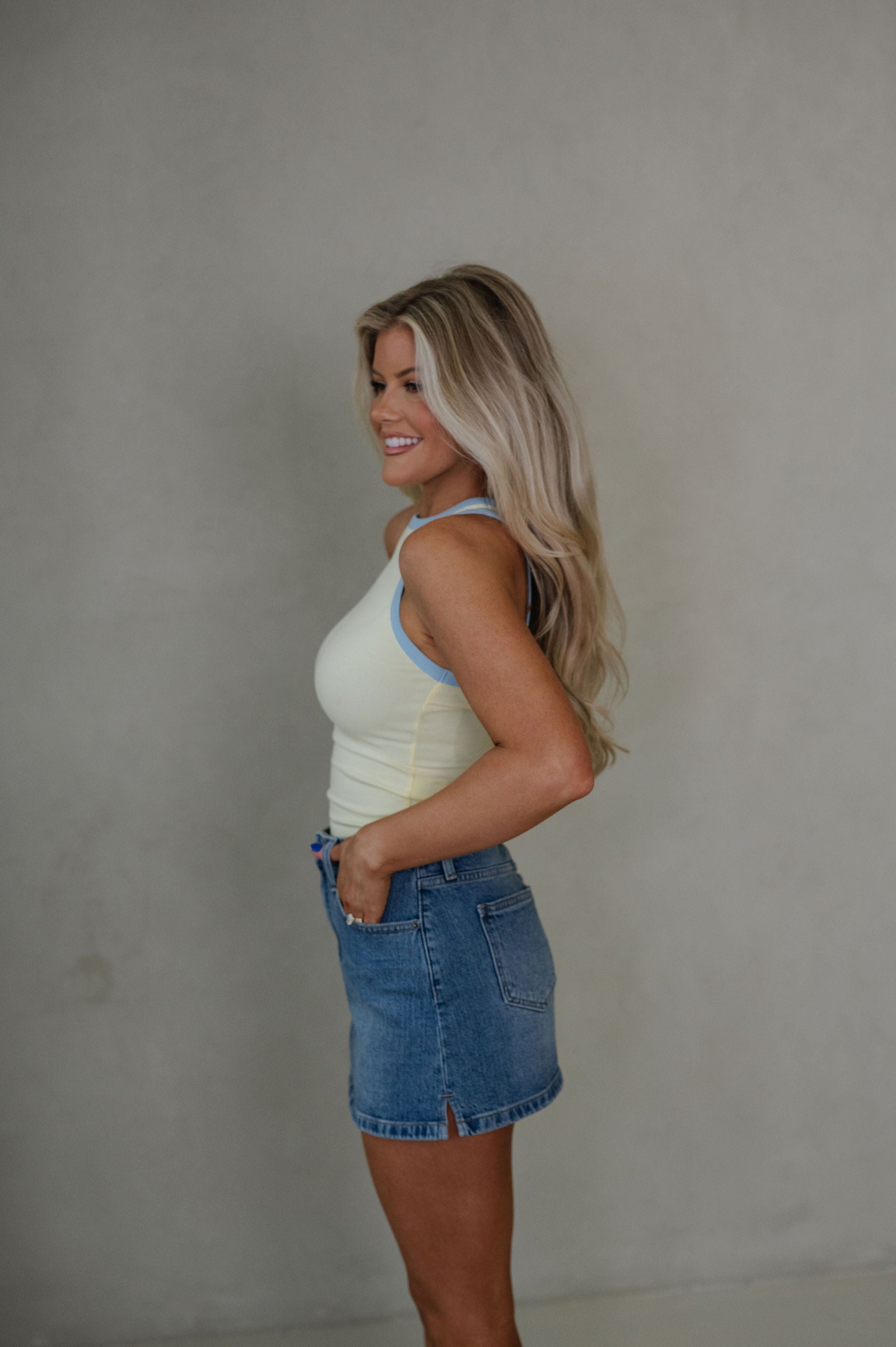 Hana Contrast Trim Tank Top-Butter/Light Blue