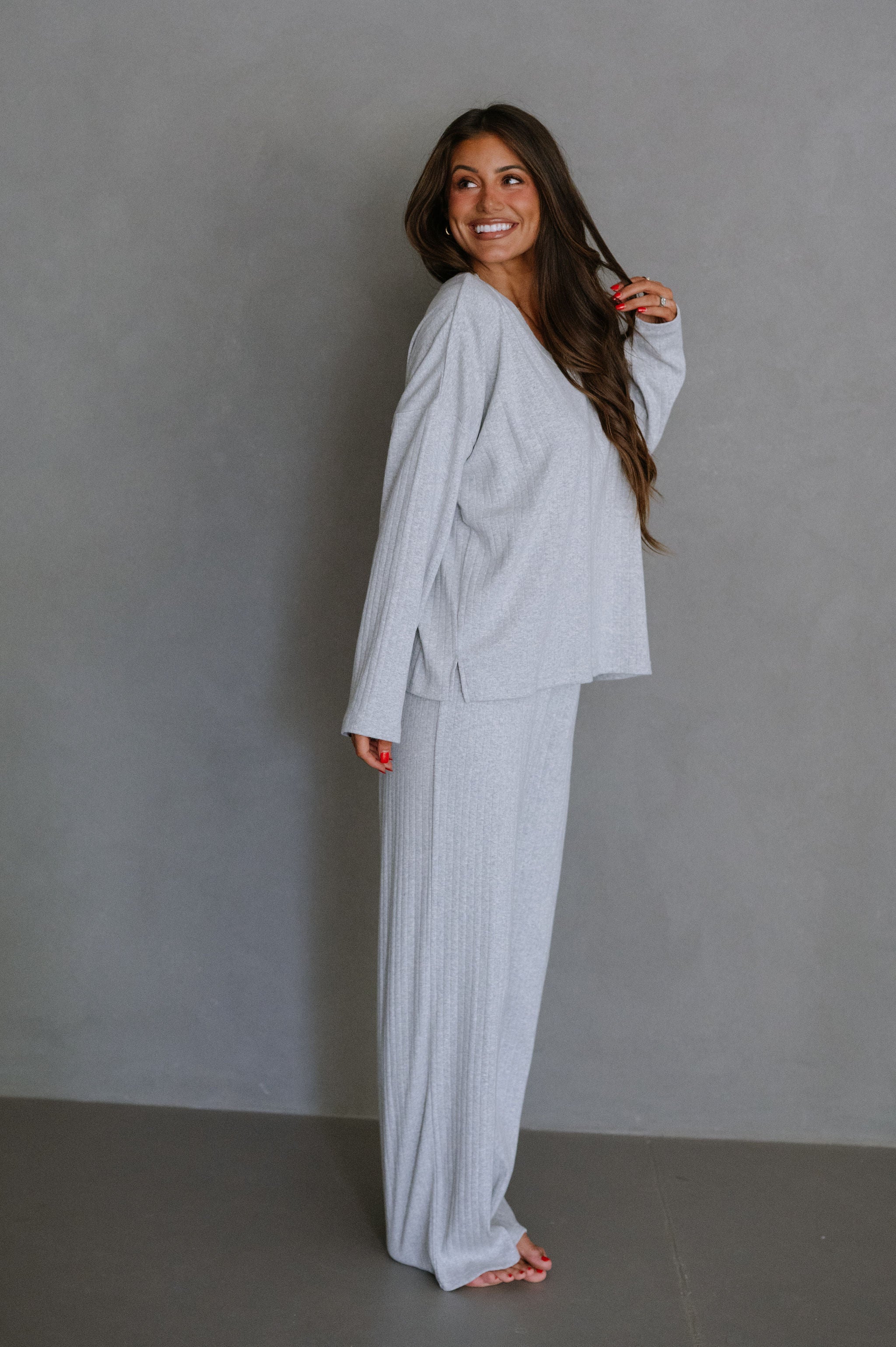 Carley Pointelle Pants Set-Heather Grey