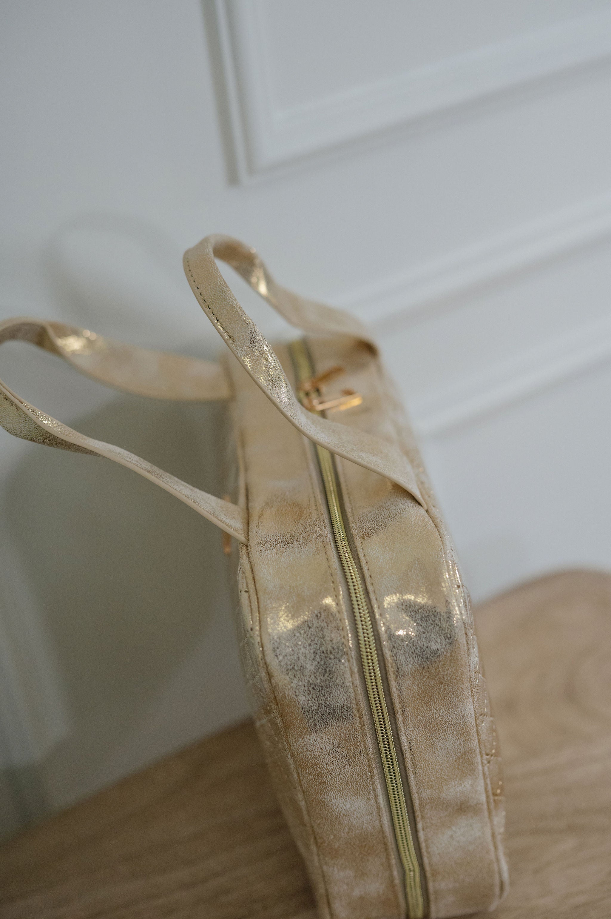 Patent Leather Quilted Makeup Bag- Champagne
